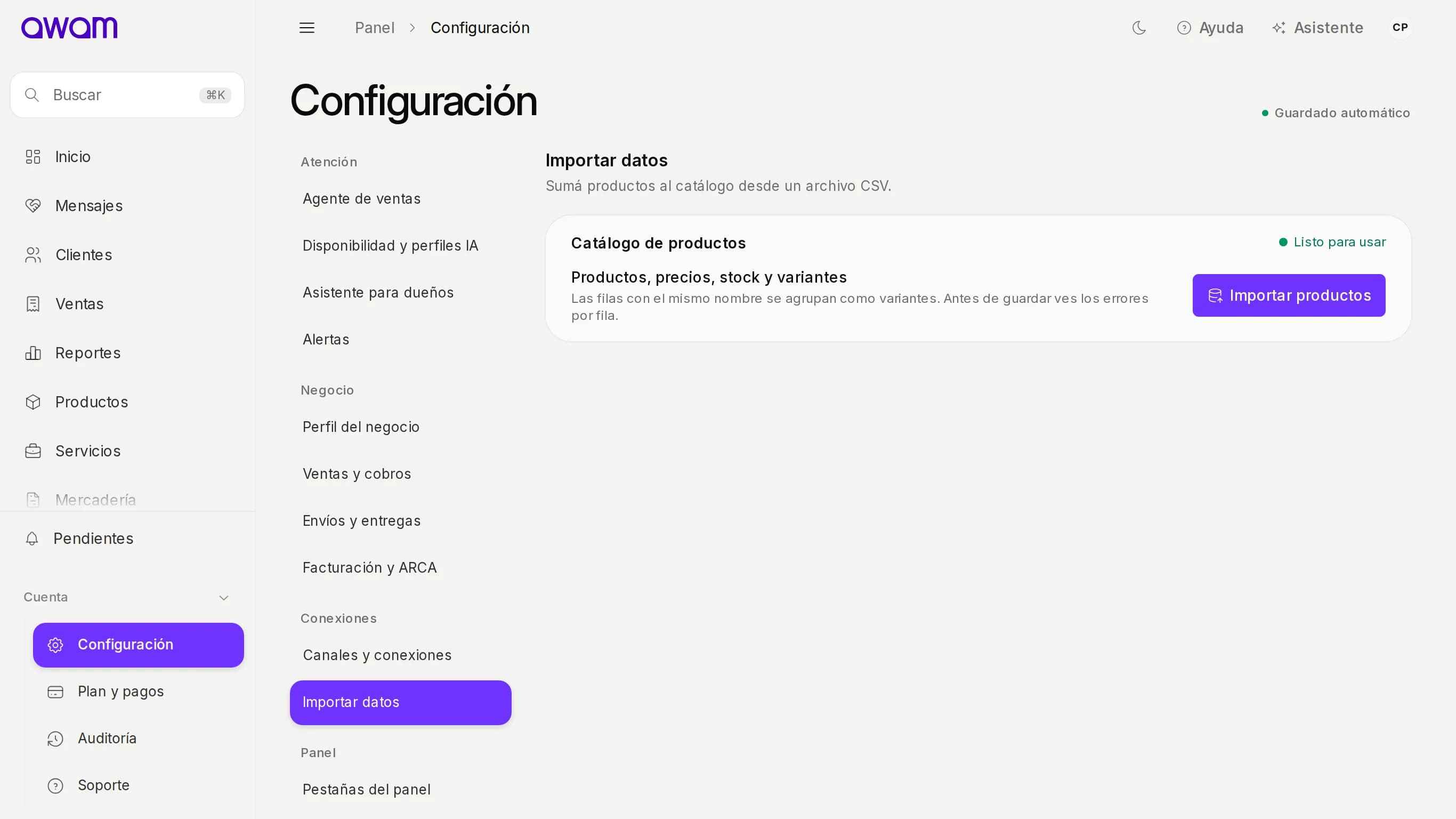Configuración para importar productos desde un archivo CSV