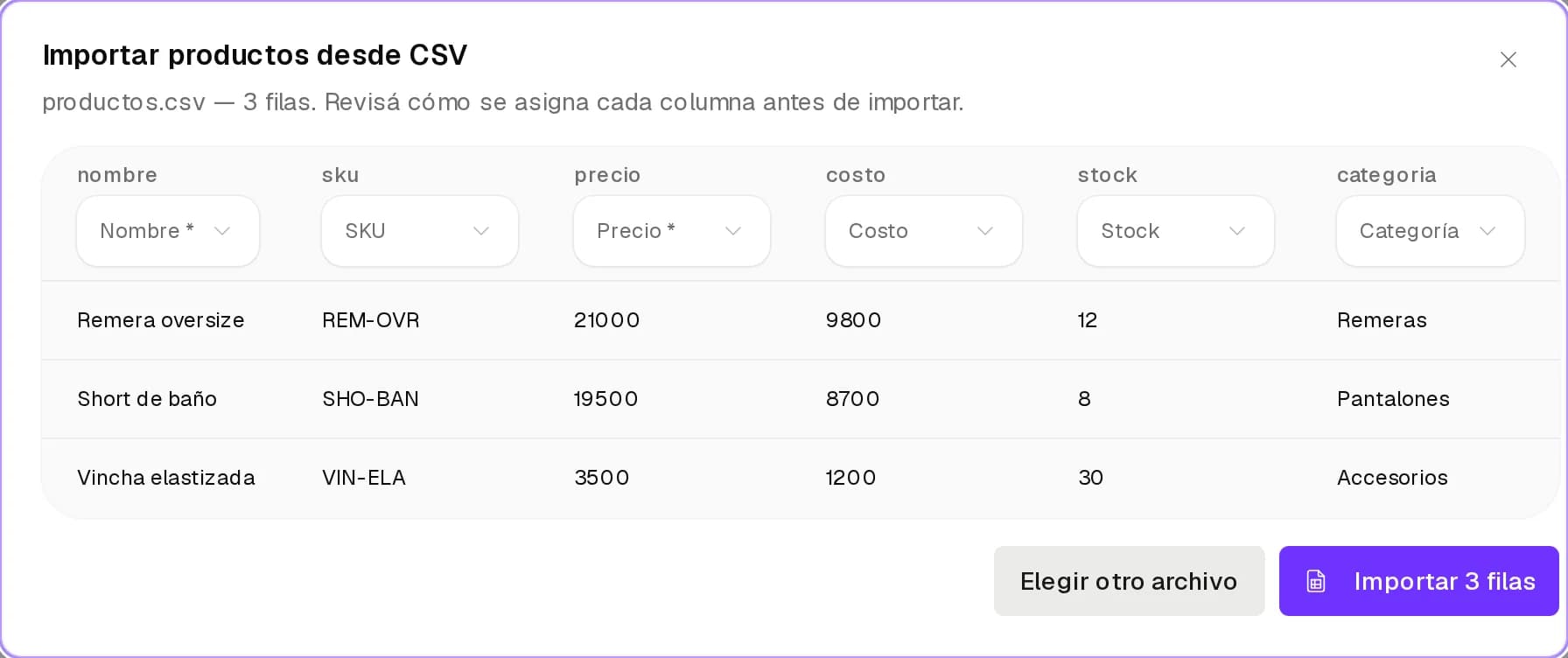 Importar productos desde CSV con las columnas reconocidas y las primeras filas
