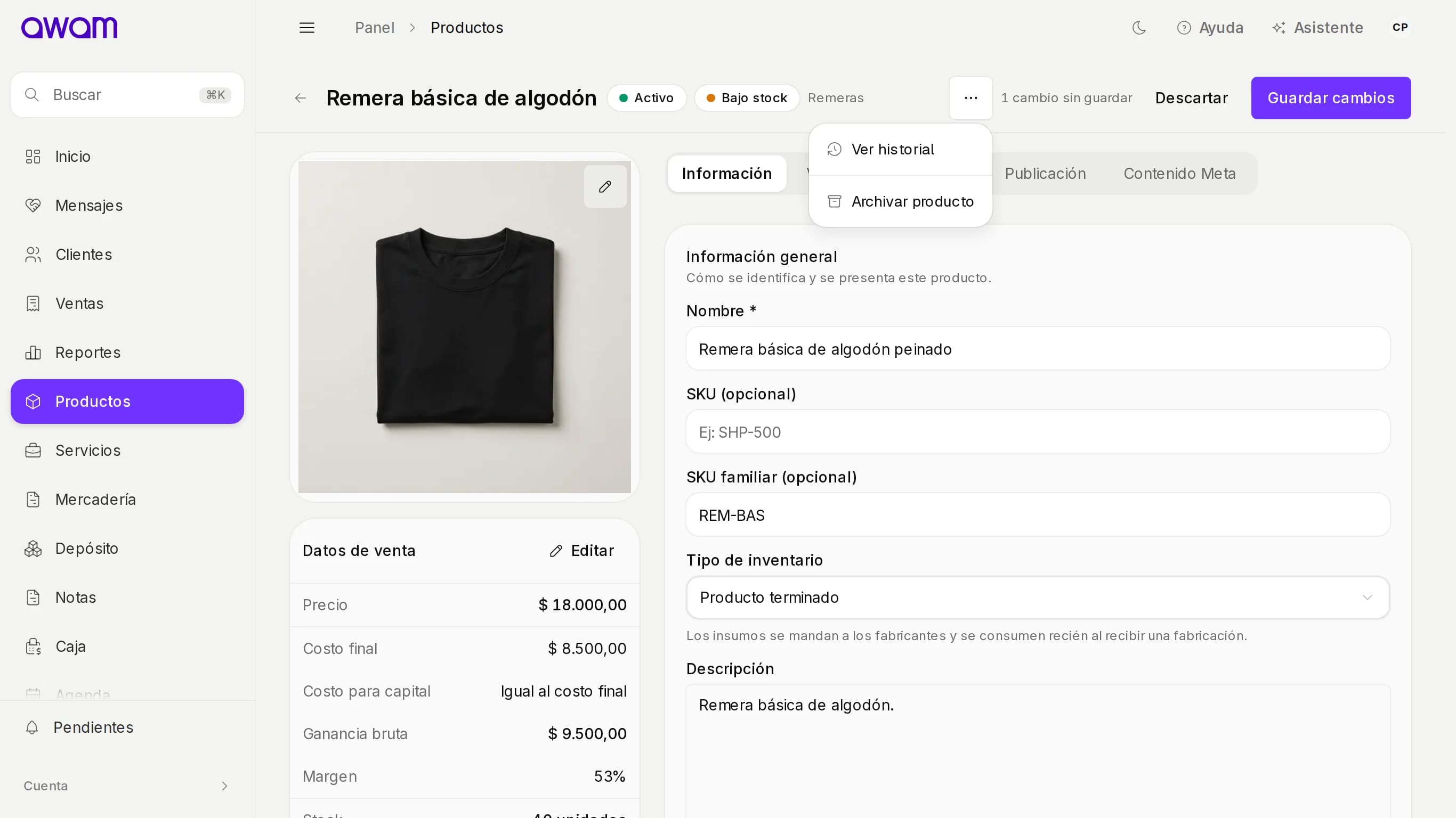 Ficha con un cambio sin guardar, los botones Descartar y Guardar cambios y el menú Más acciones abierto
