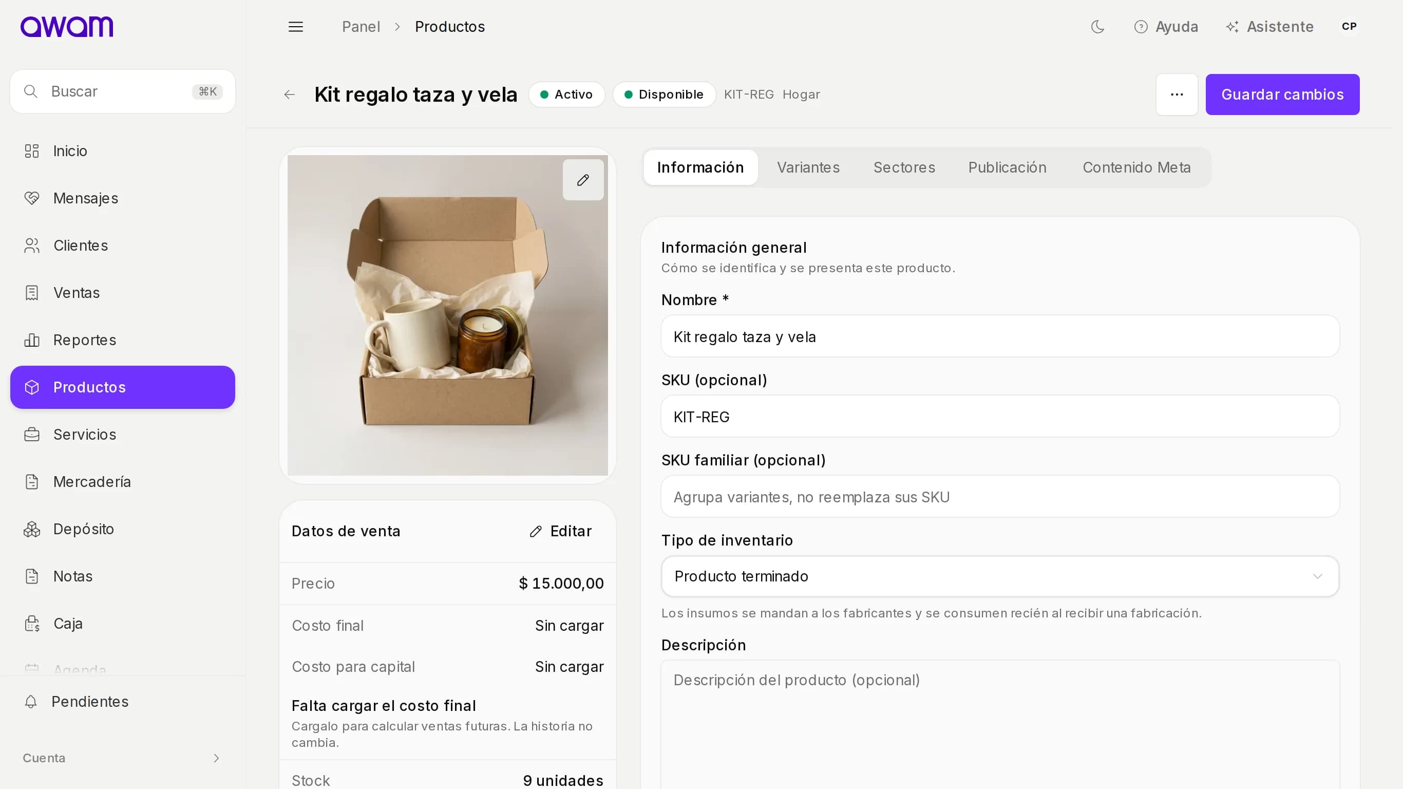 Ficha del Kit regalo taza y vela con su composición