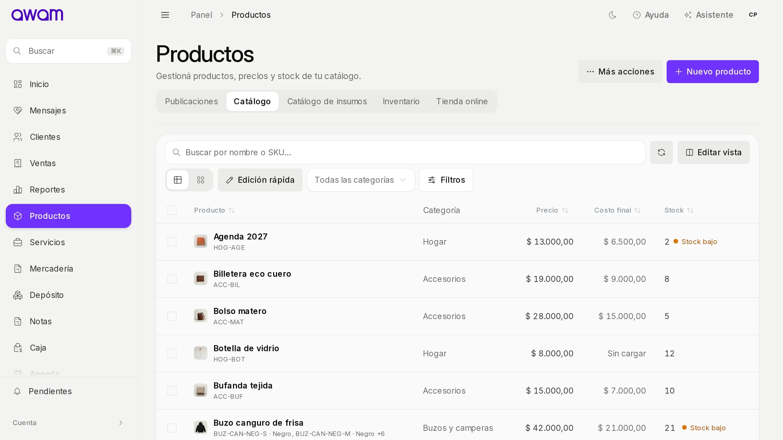 Catálogo de productos de AWAM con precios, costos y stock