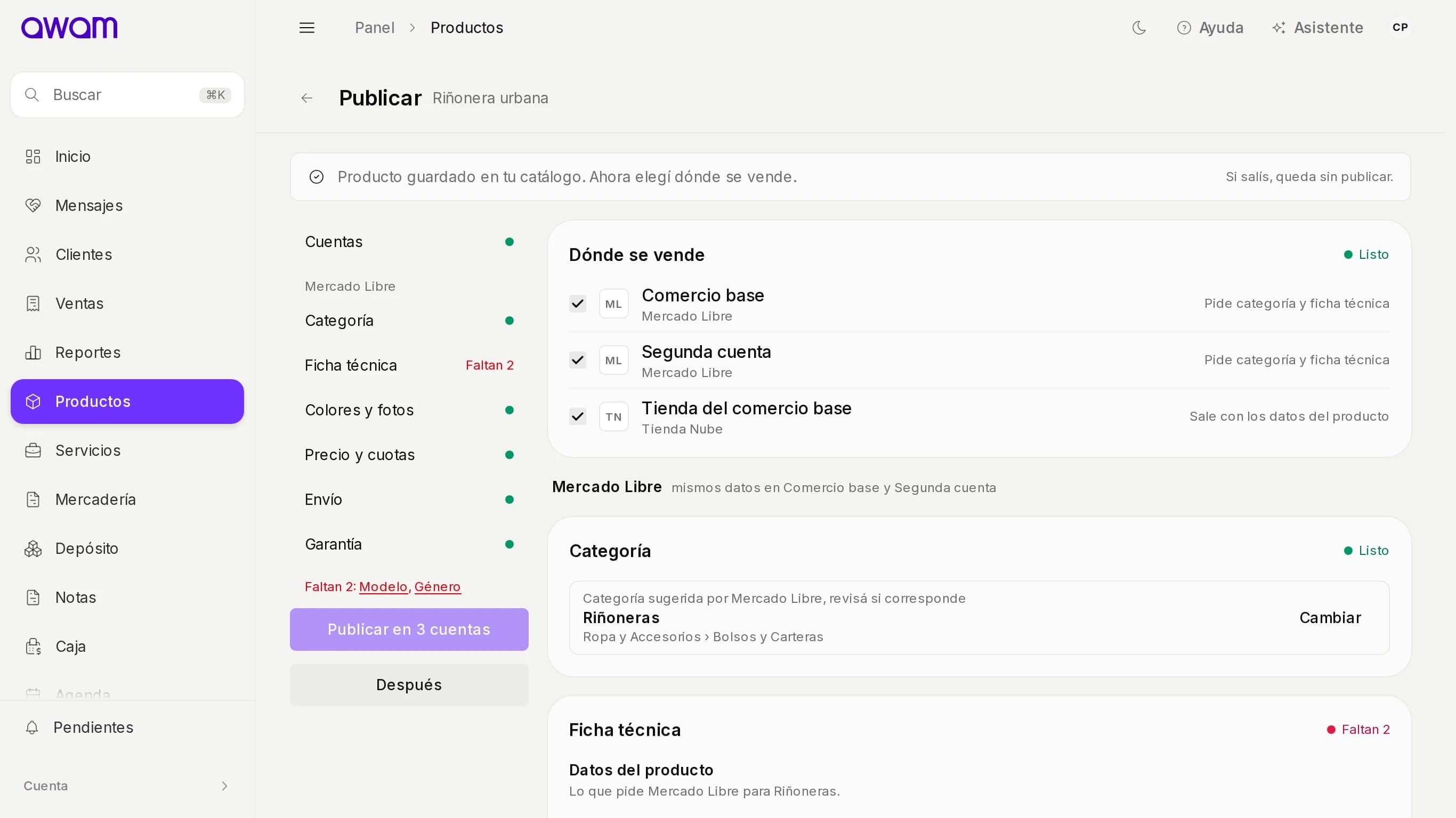 Pantalla Publicar con dos cuentas de Mercado Libre y la tienda de Tienda Nube tildadas