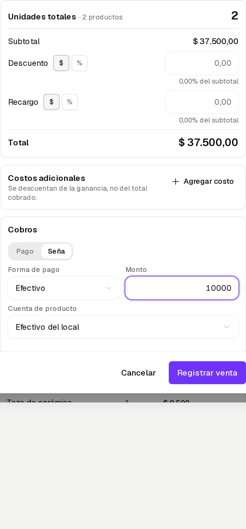 Cobros de Nueva venta con una seña y lo que falta cobrar
