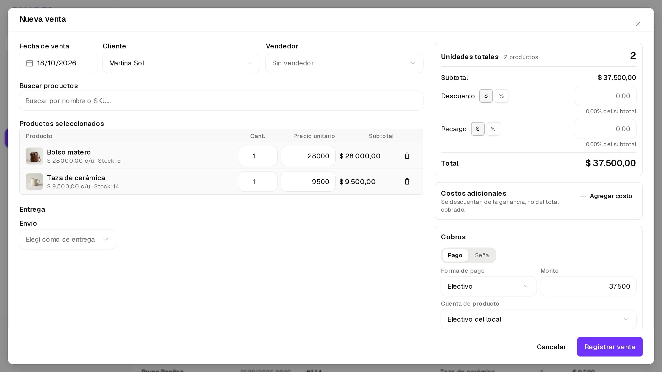 Nueva venta con cliente, dos productos, total y cobro