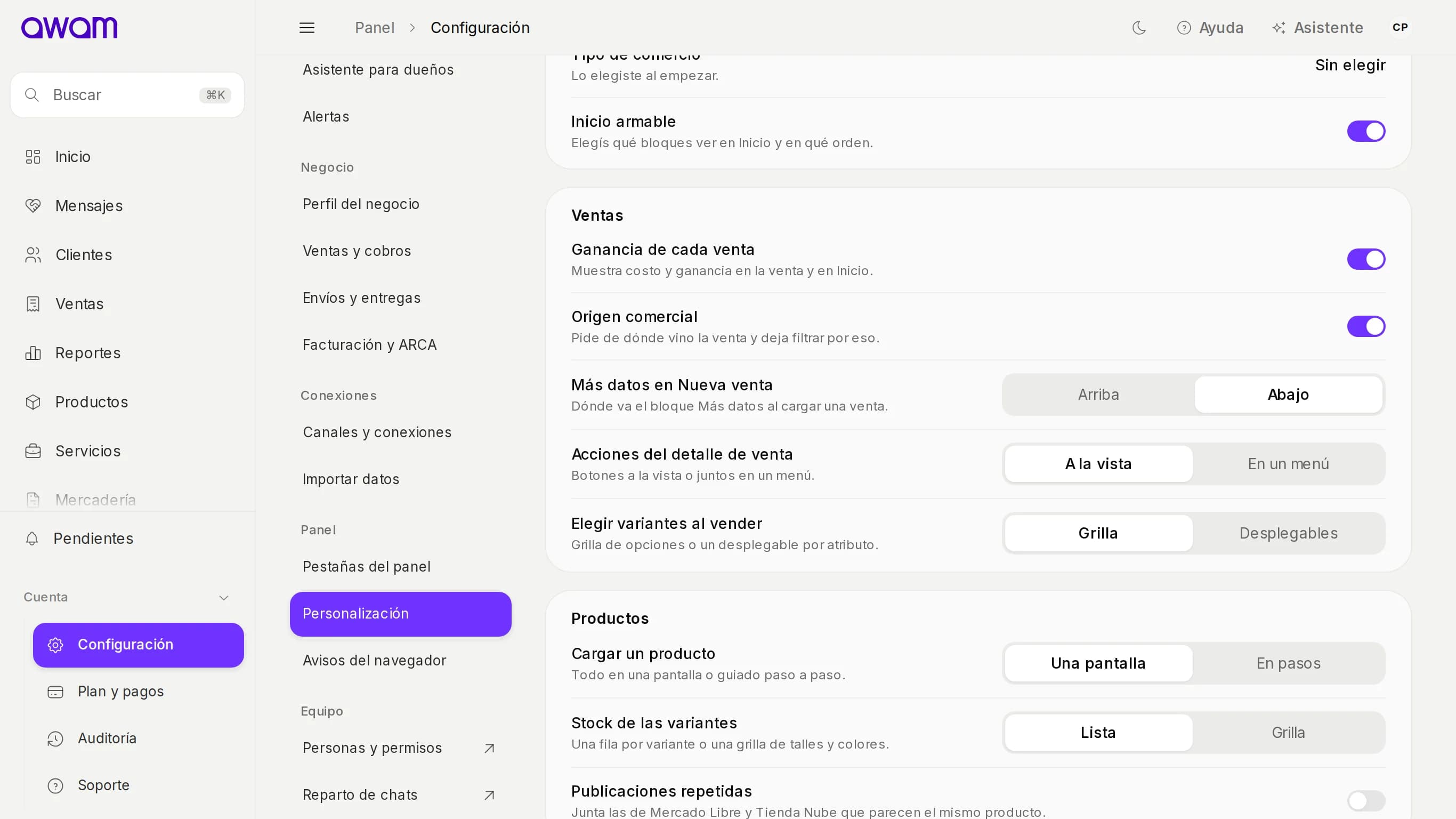 Personalización con el grupo Ventas: ganancia, origen comercial, Más datos, acciones del detalle y variantes