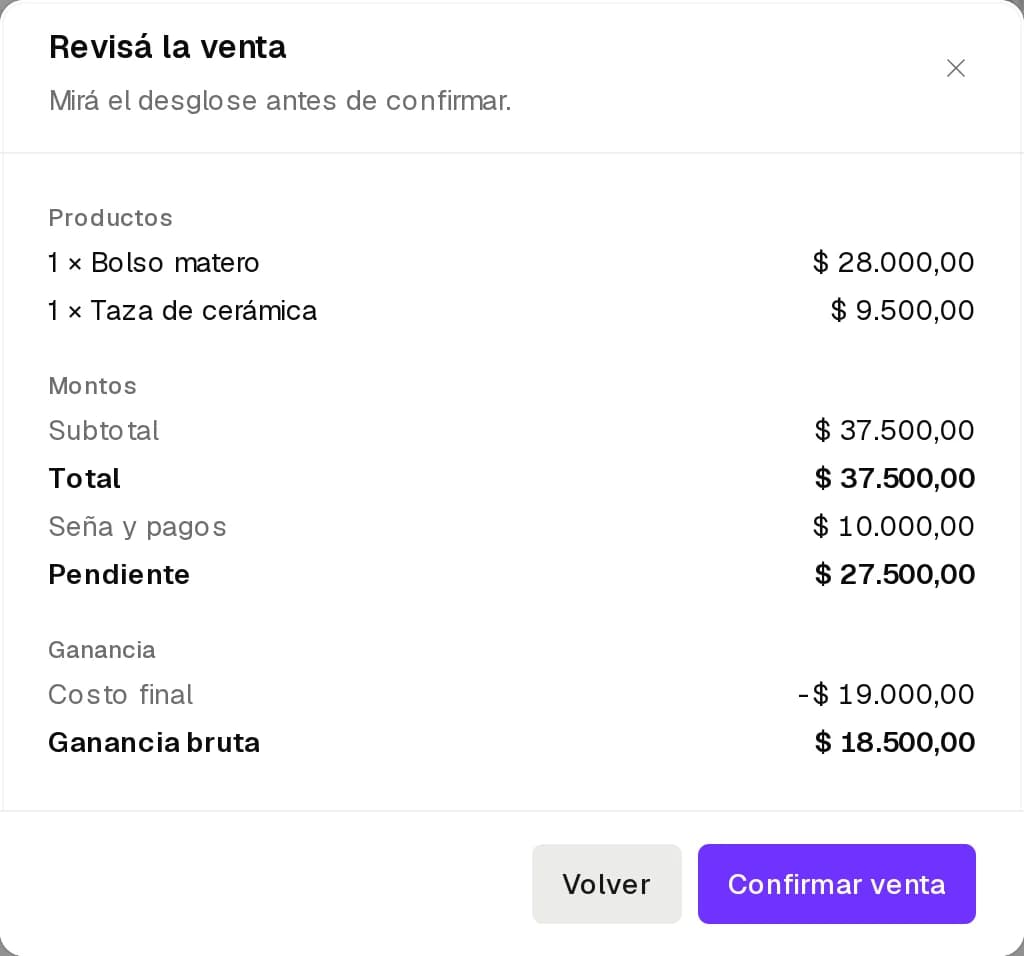 Revisá la venta con productos, montos, ganancia y el botón Confirmar venta