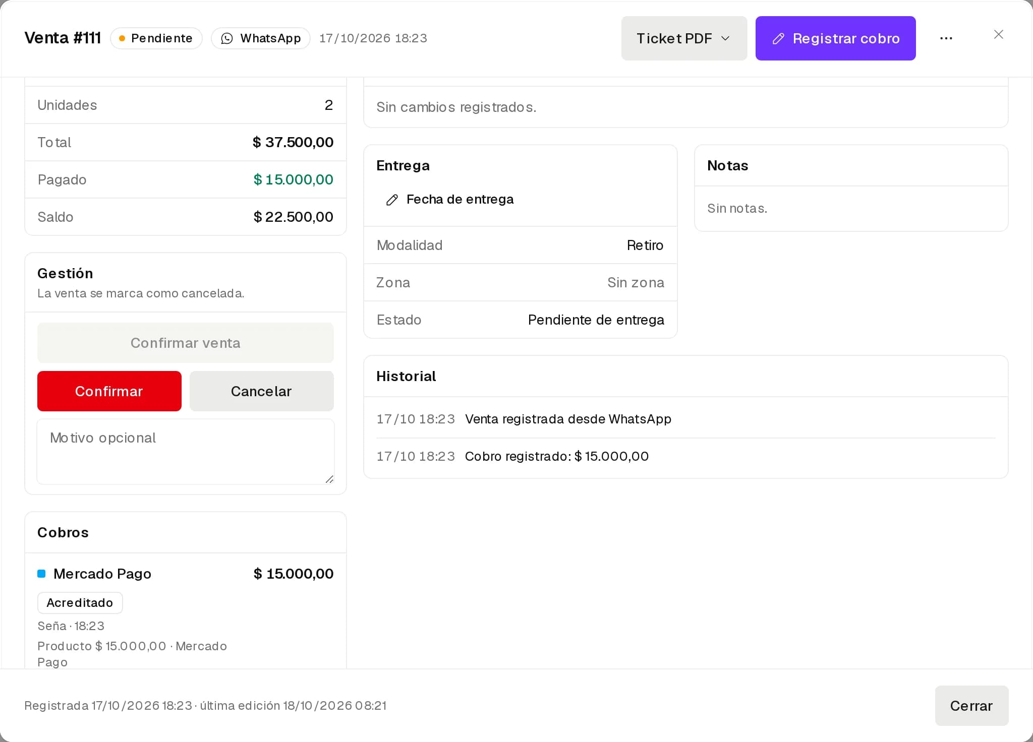 Detalle de una venta con la confirmación de Anular venta en Gestión y el motivo opcional