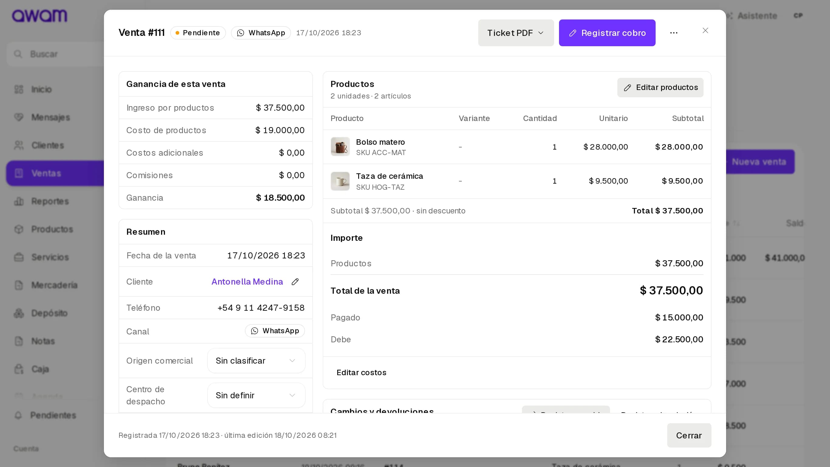Detalle de una venta con seña: ganancia, resumen, gestión y cobros