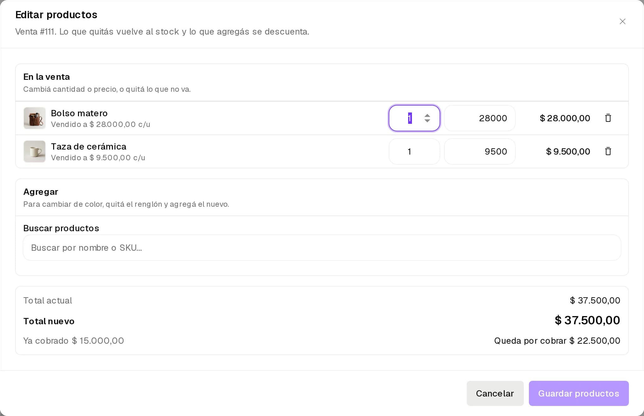 Editar productos de una venta con sus renglones y el buscador