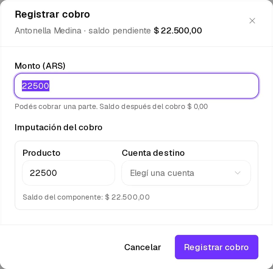 Registrar cobro con el saldo pendiente, el monto y la cuenta de caja