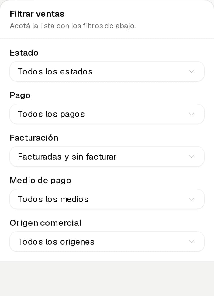 Filtrar ventas con Estado, Pago, Facturación, Medio de pago y Origen comercial