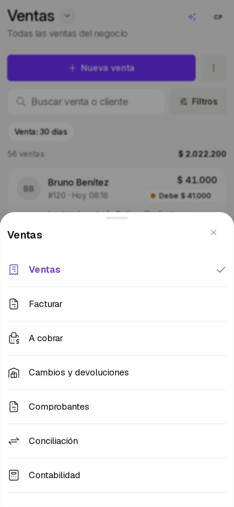 Lista de pestañas de Ventas abierta desde la flecha del título en un celular