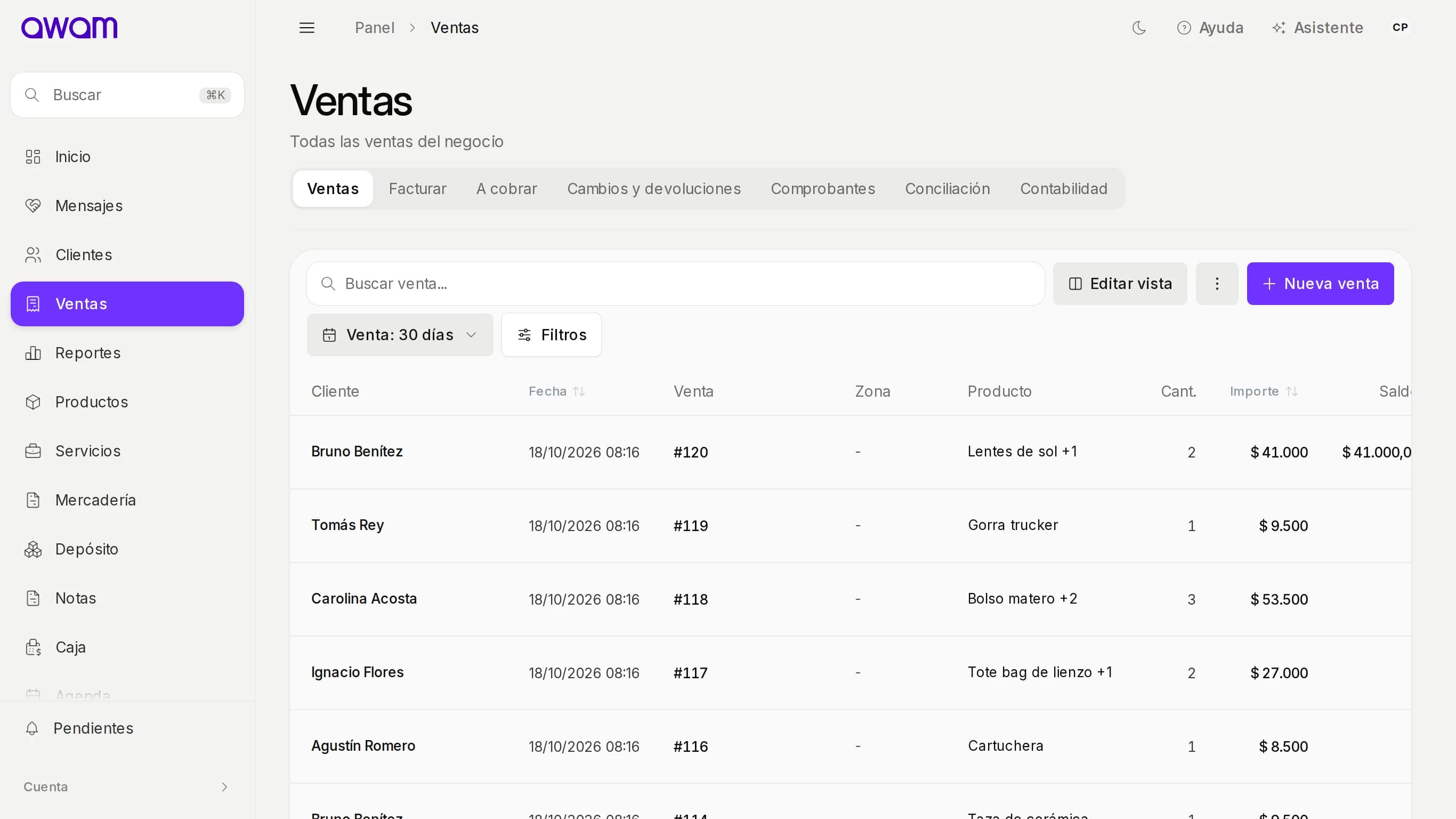 Listado de ventas de AWAM con cliente, producto, importe y saldo