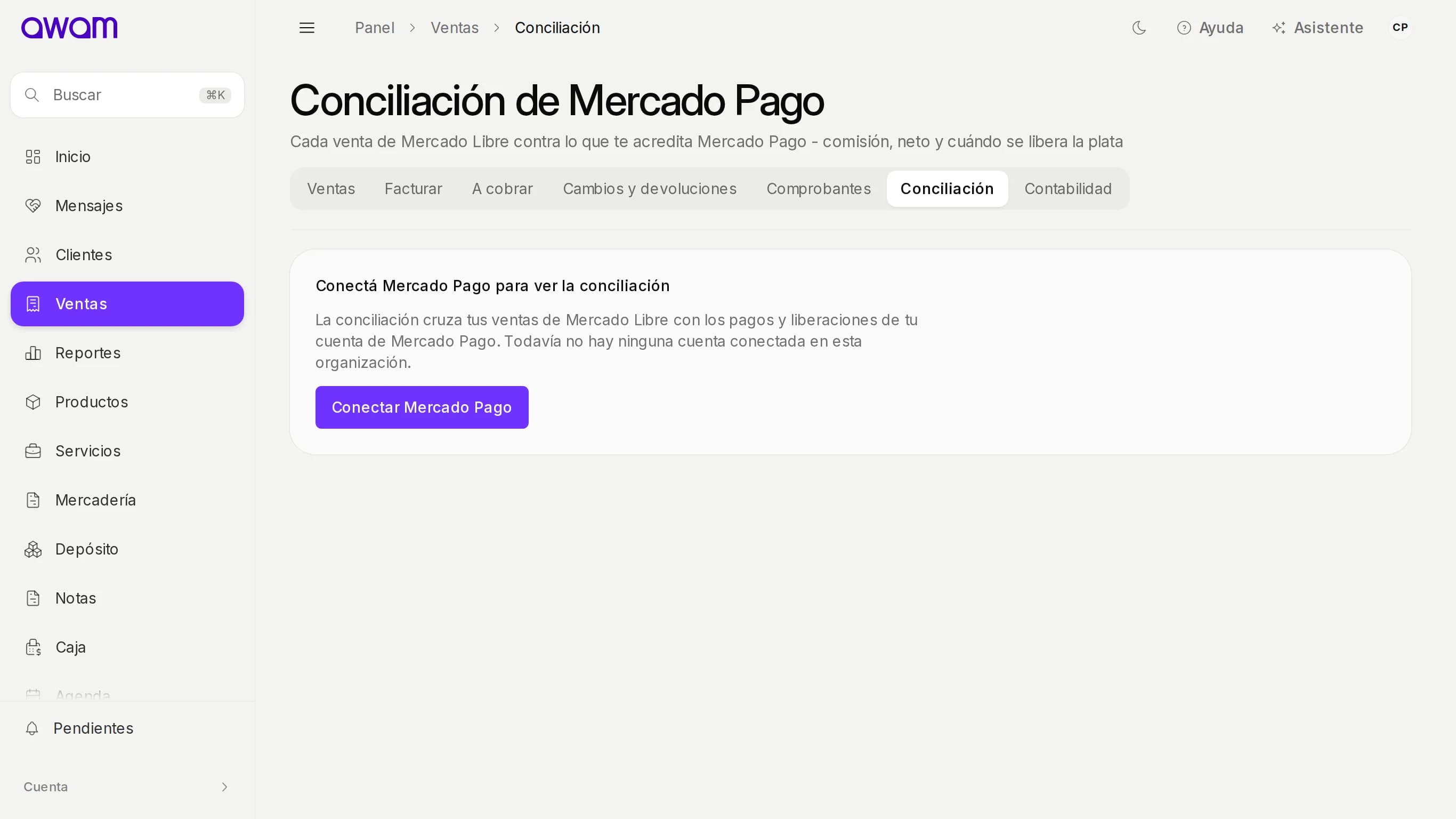 Conciliación de Mercado Pago lista para conectar la cuenta