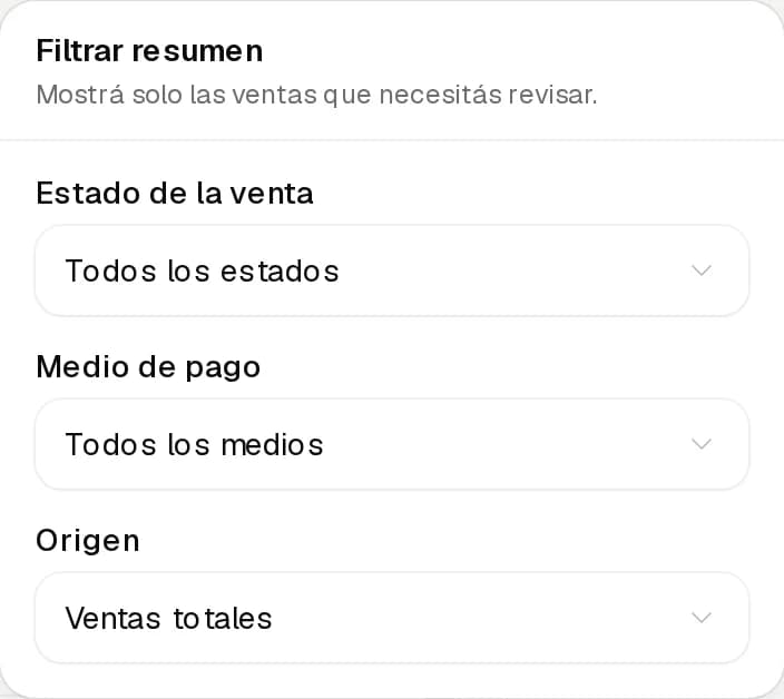 Filtros del resumen de contabilidad