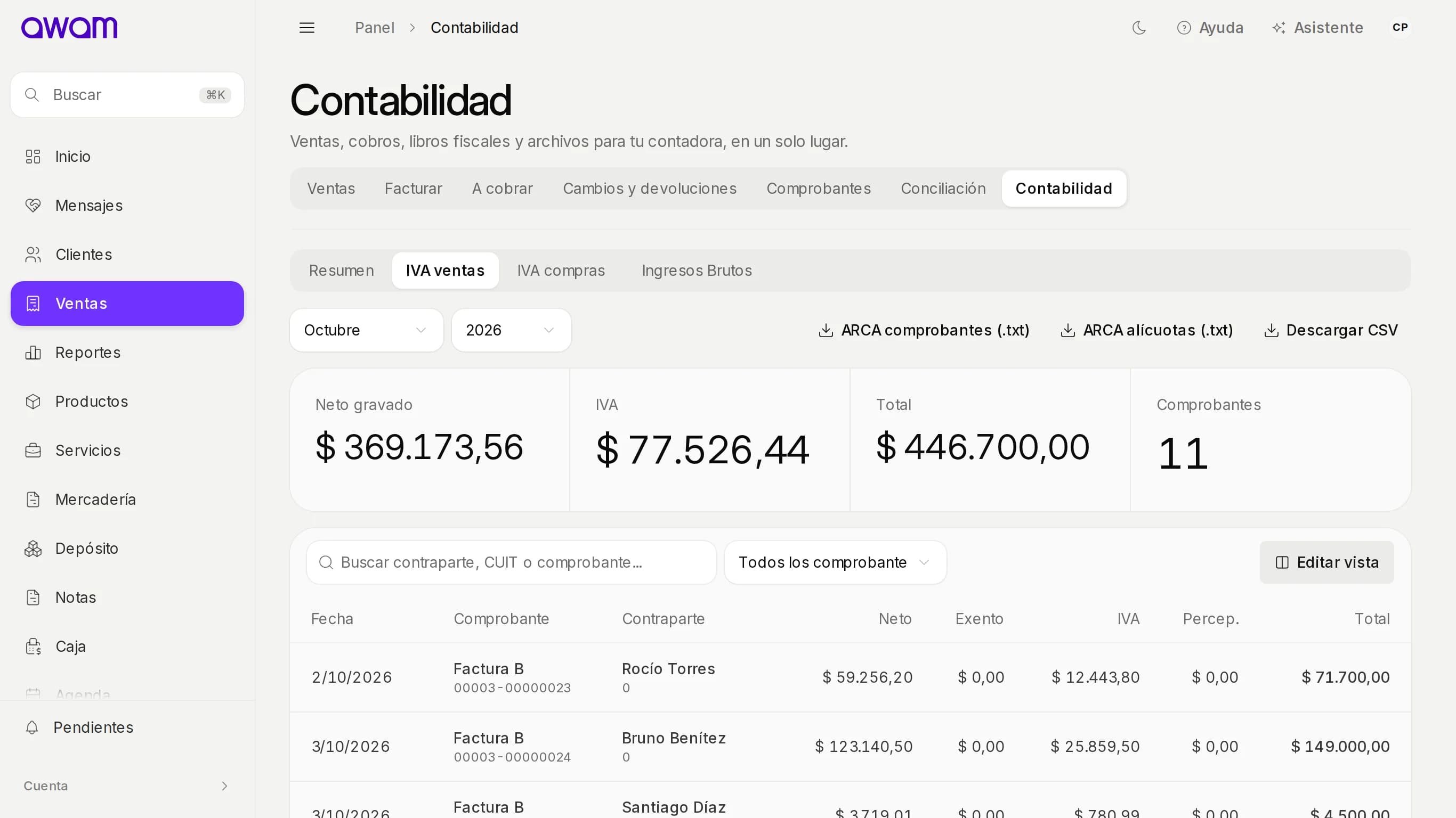 IVA ventas con mes, año, totales y los archivos de ARCA