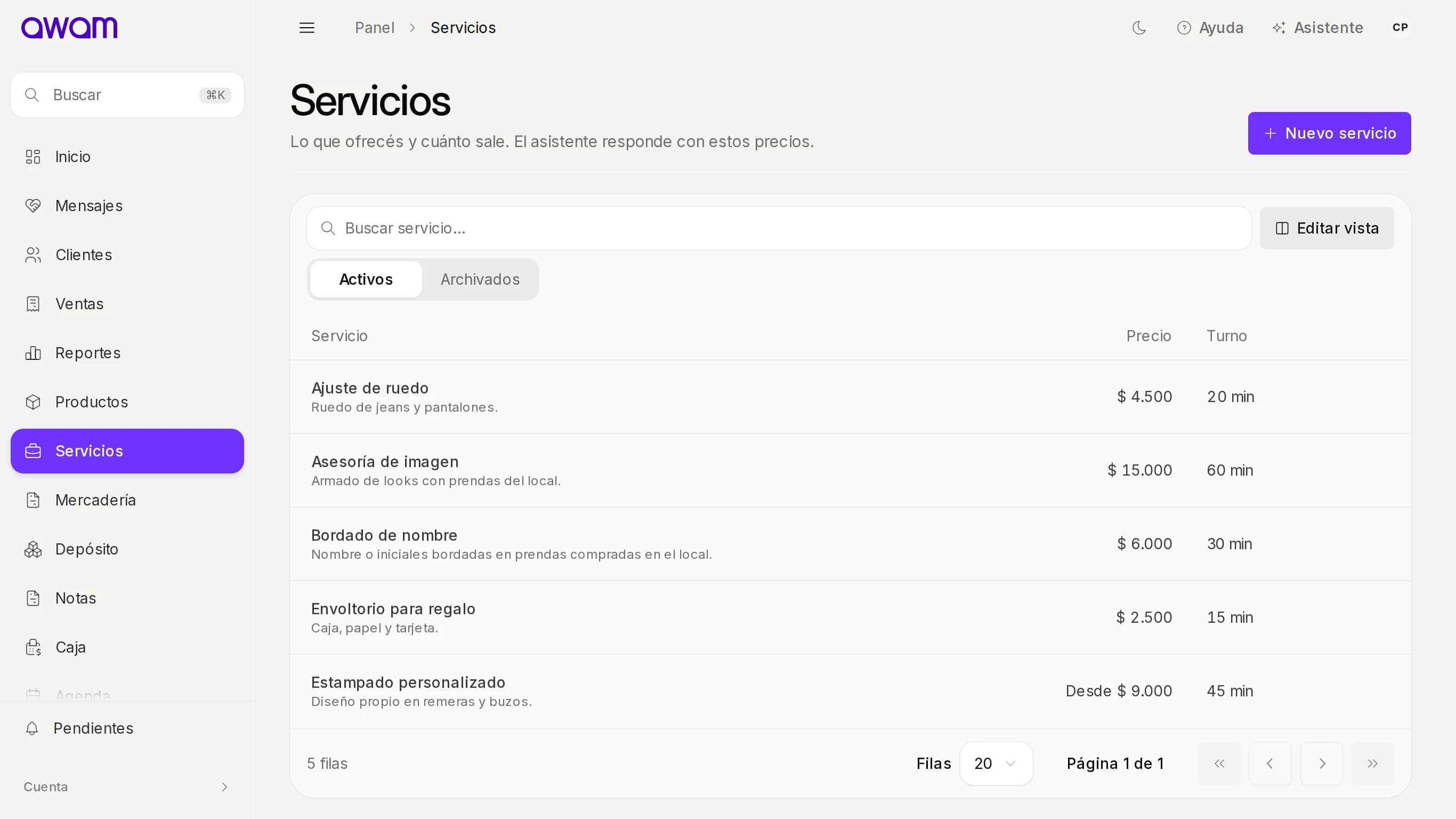 Servicios con precio y duración del turno