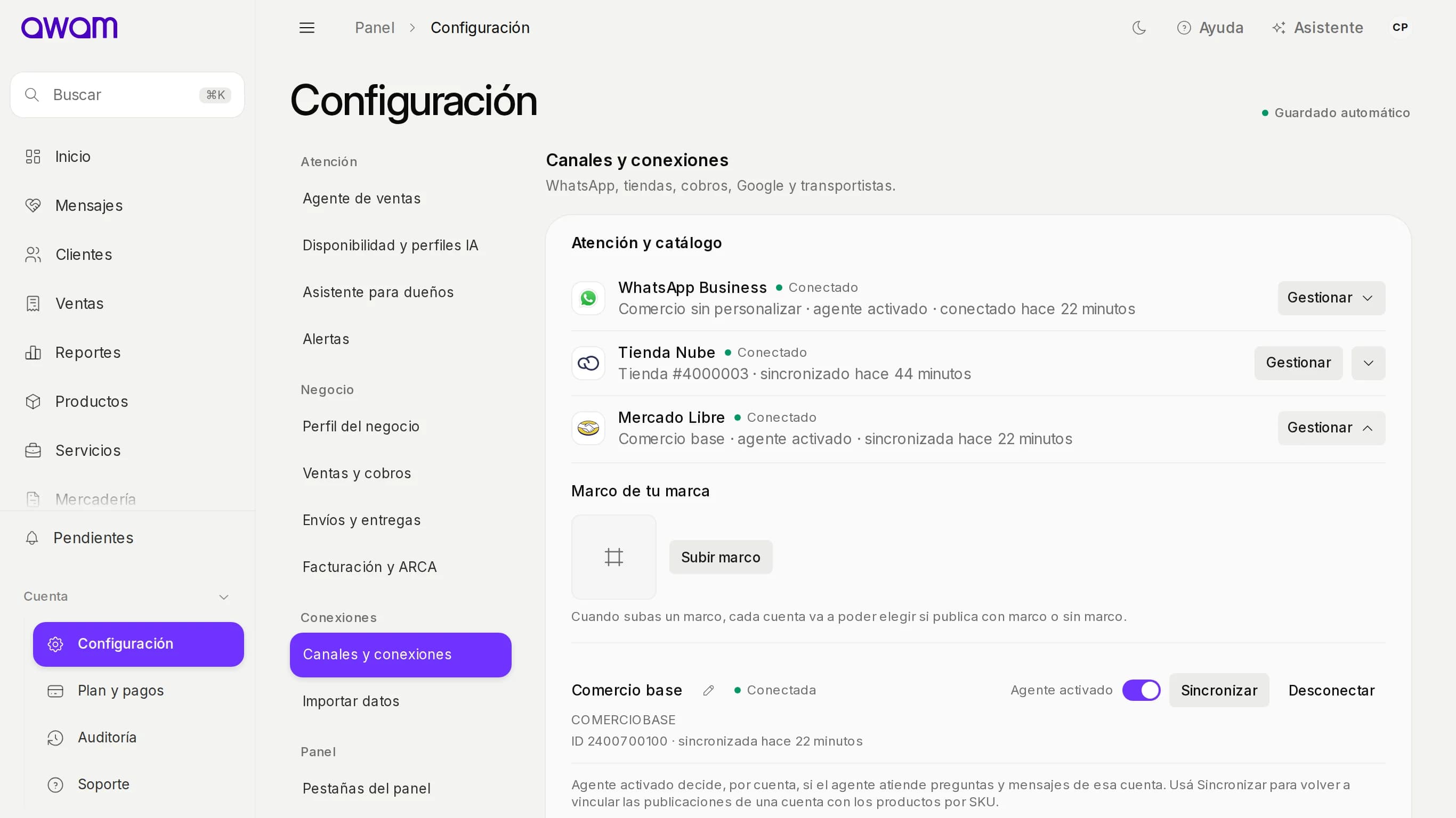 Fila de Mercado Libre abierta con Gestionar y sus opciones