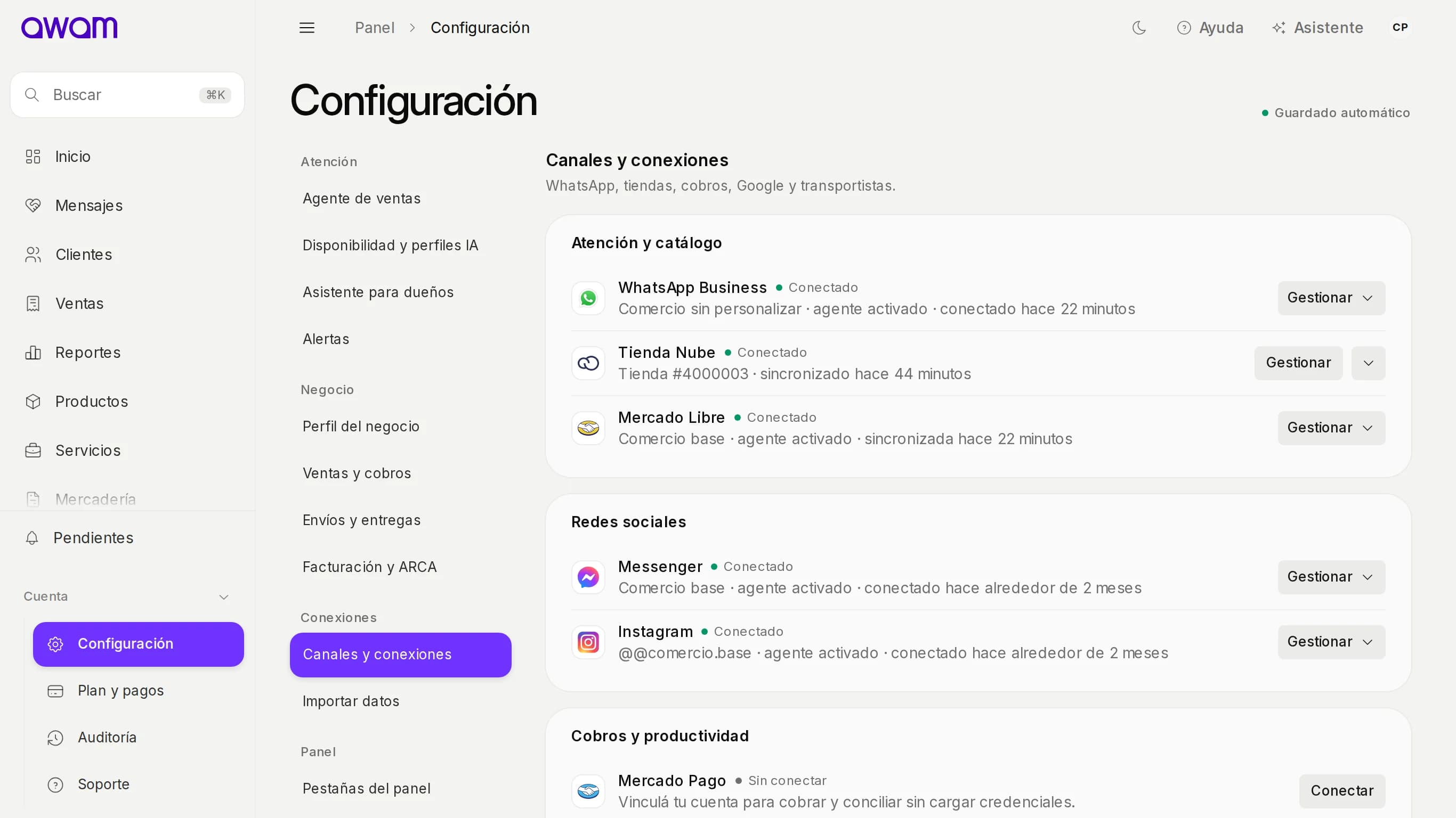 Canales y conexiones con WhatsApp, Instagram y las tiendas