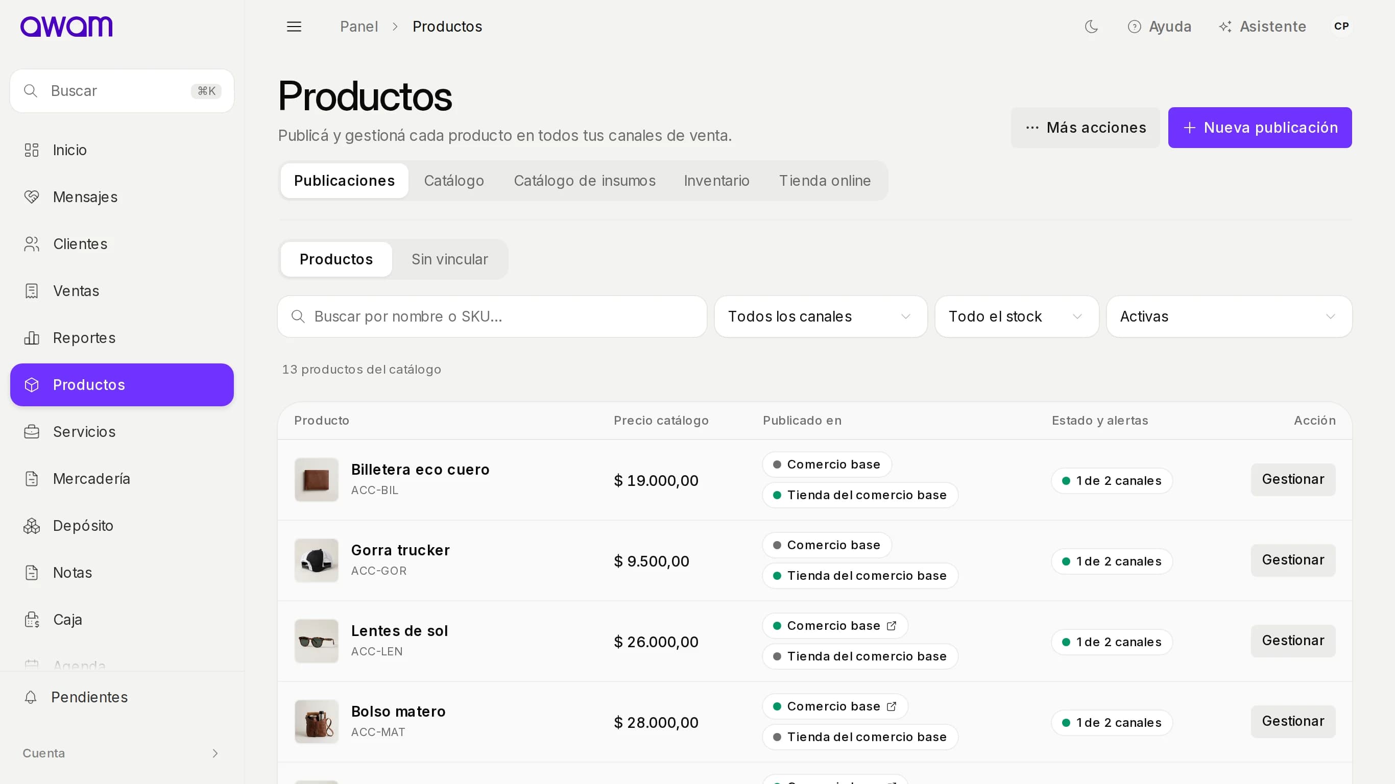 Publicaciones de productos en los canales conectados