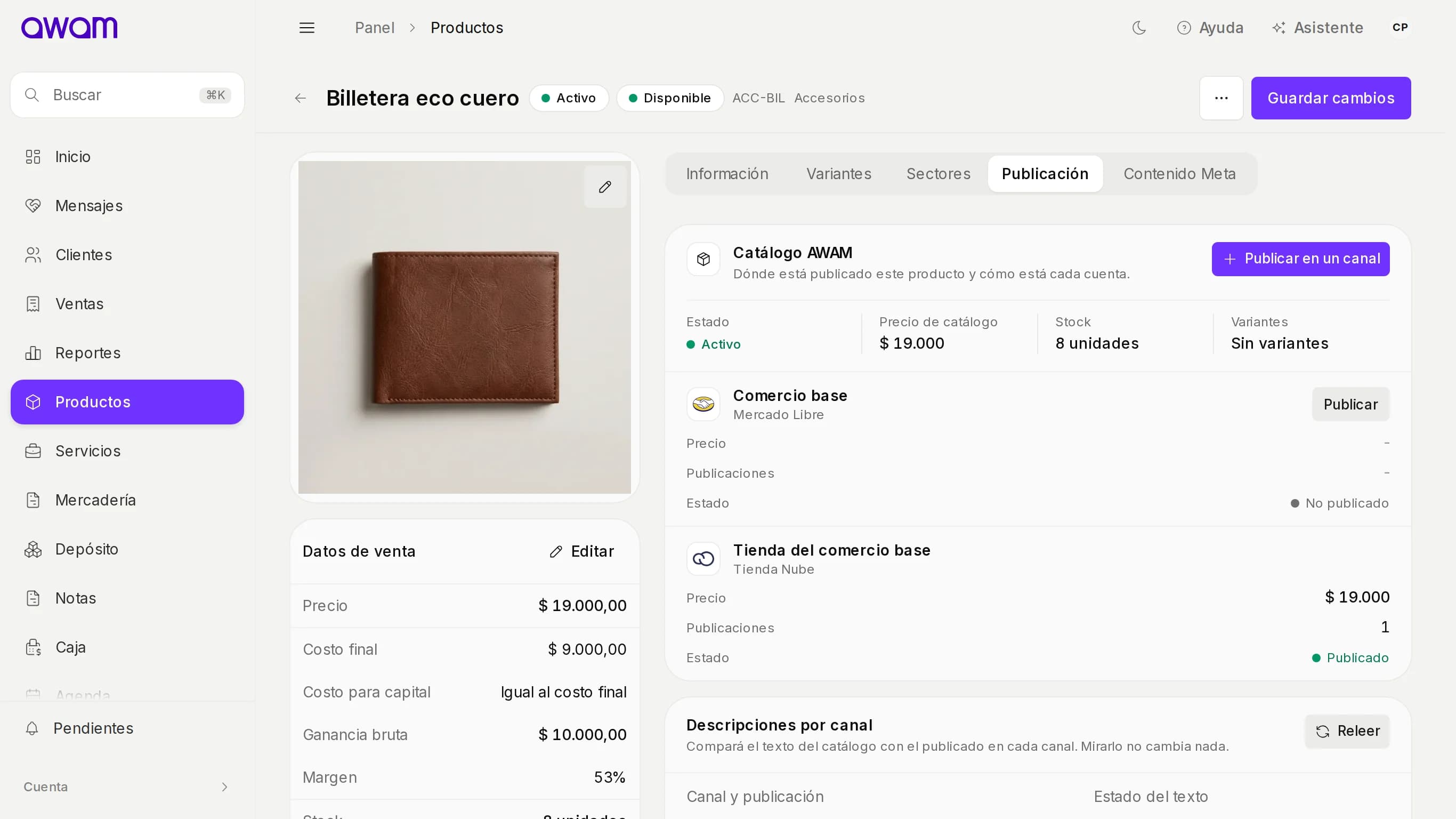Solapa de publicación de un producto con sus canales
