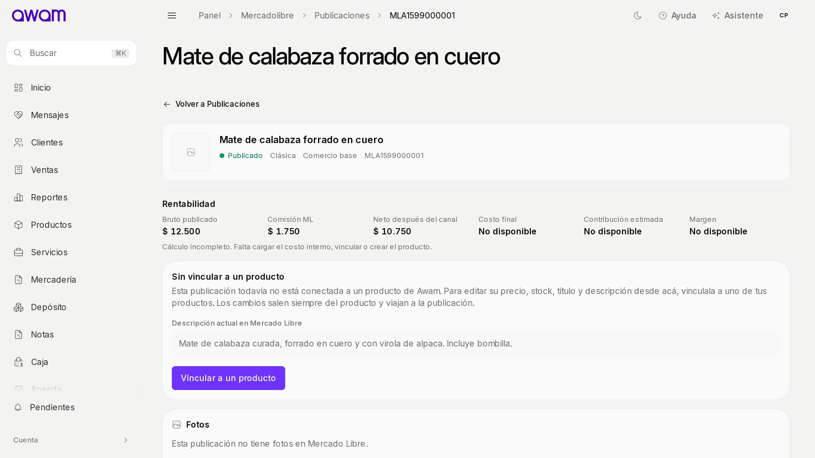 Ficha de una publicación de Mercado Libre sin vincular, con la rentabilidad, la descripción y el botón Vincular a un producto