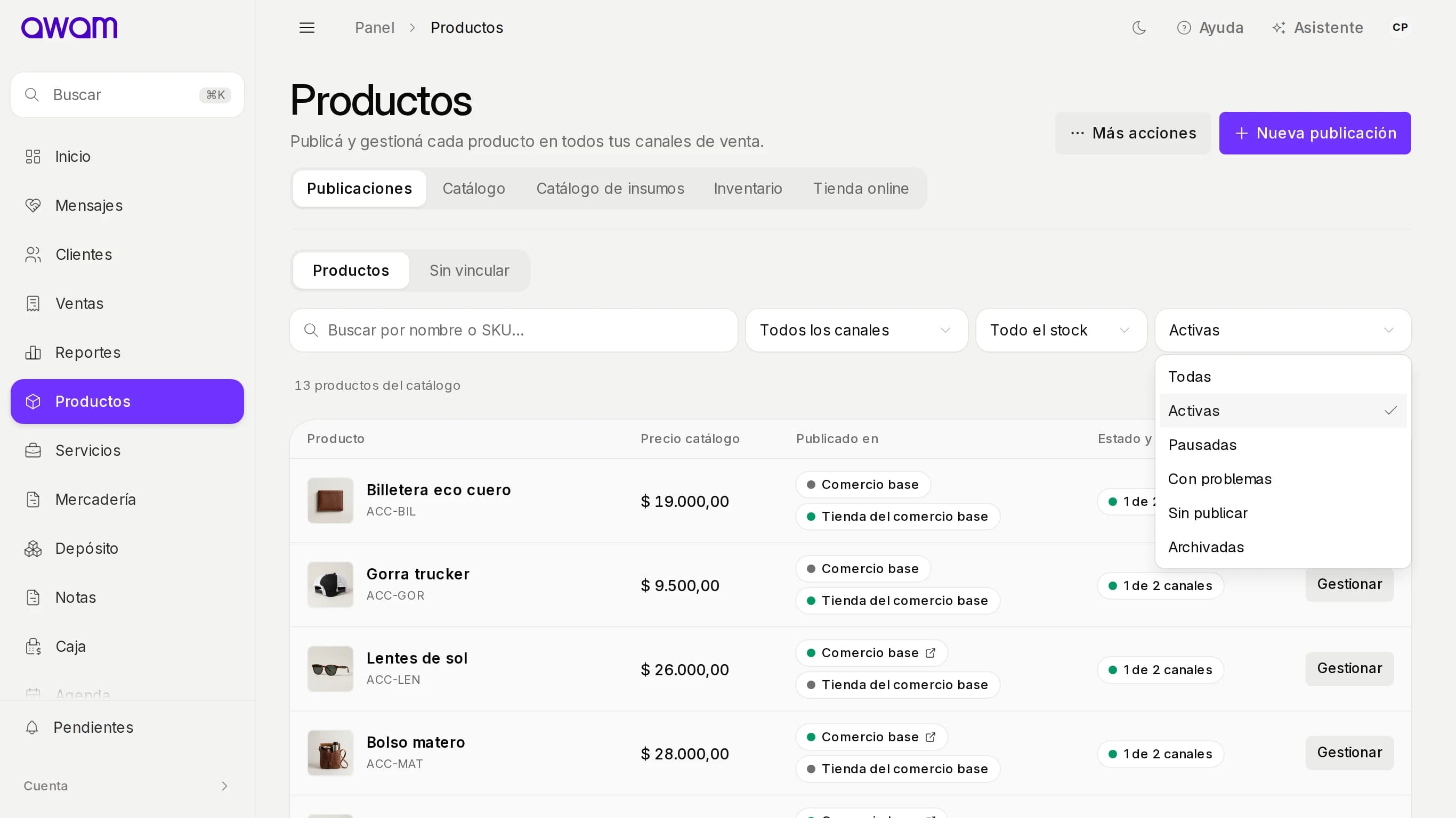 Filtro Estado abierto con Activas, Pausadas, Con problemas, Sin publicar y Archivadas