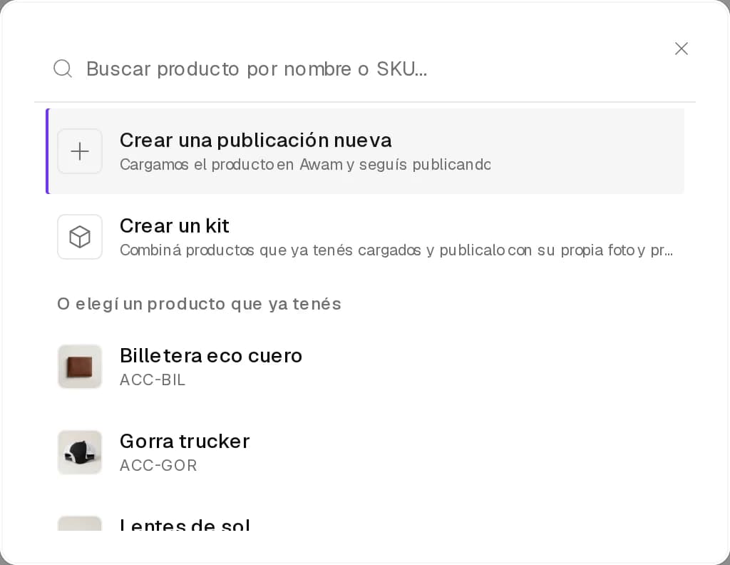 Nueva publicación con Crear una publicación nueva, Crear un kit y los productos que ya tenés