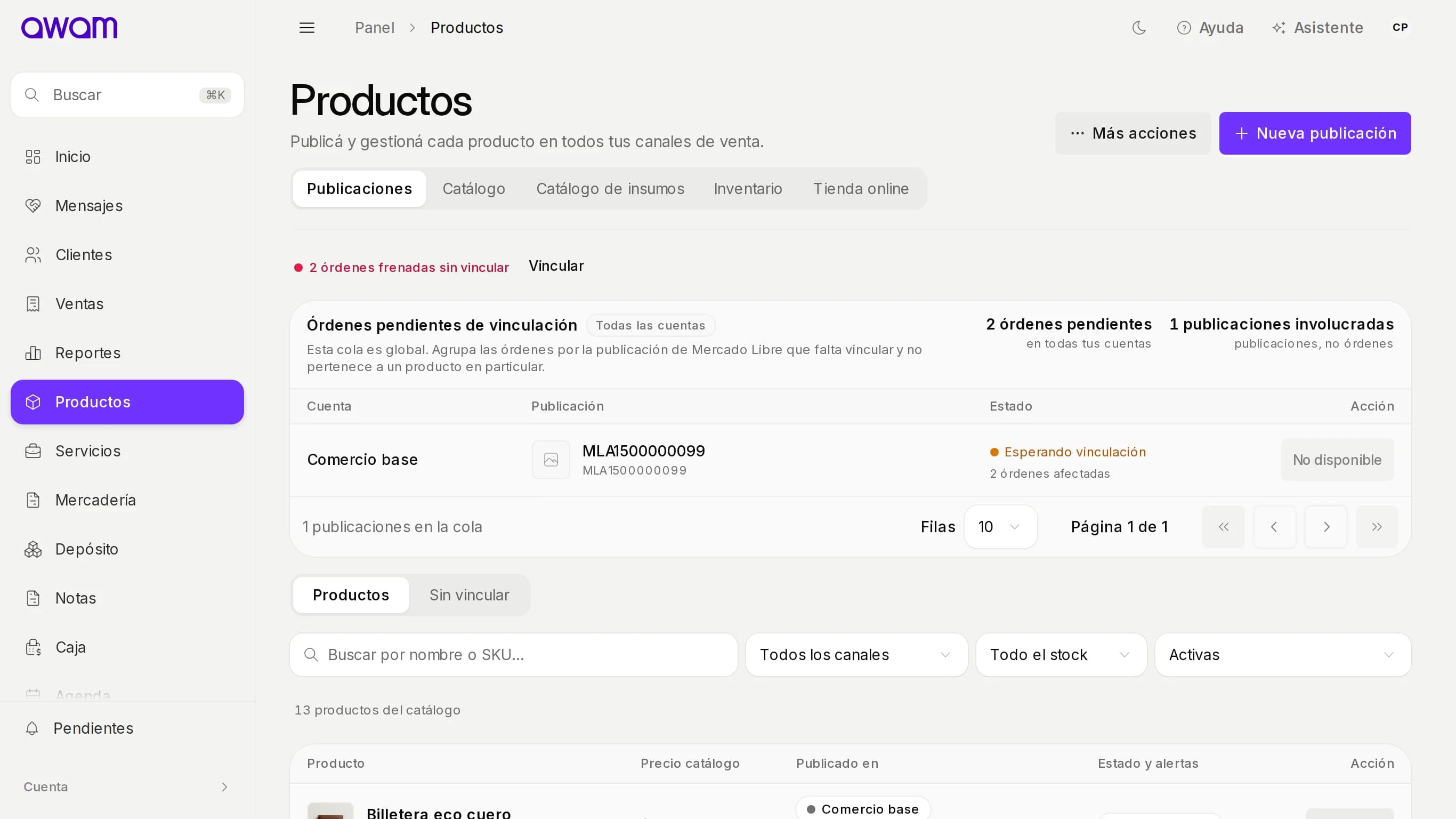 Publicaciones con la franja de órdenes frenadas sin vincular y la lista de órdenes pendientes