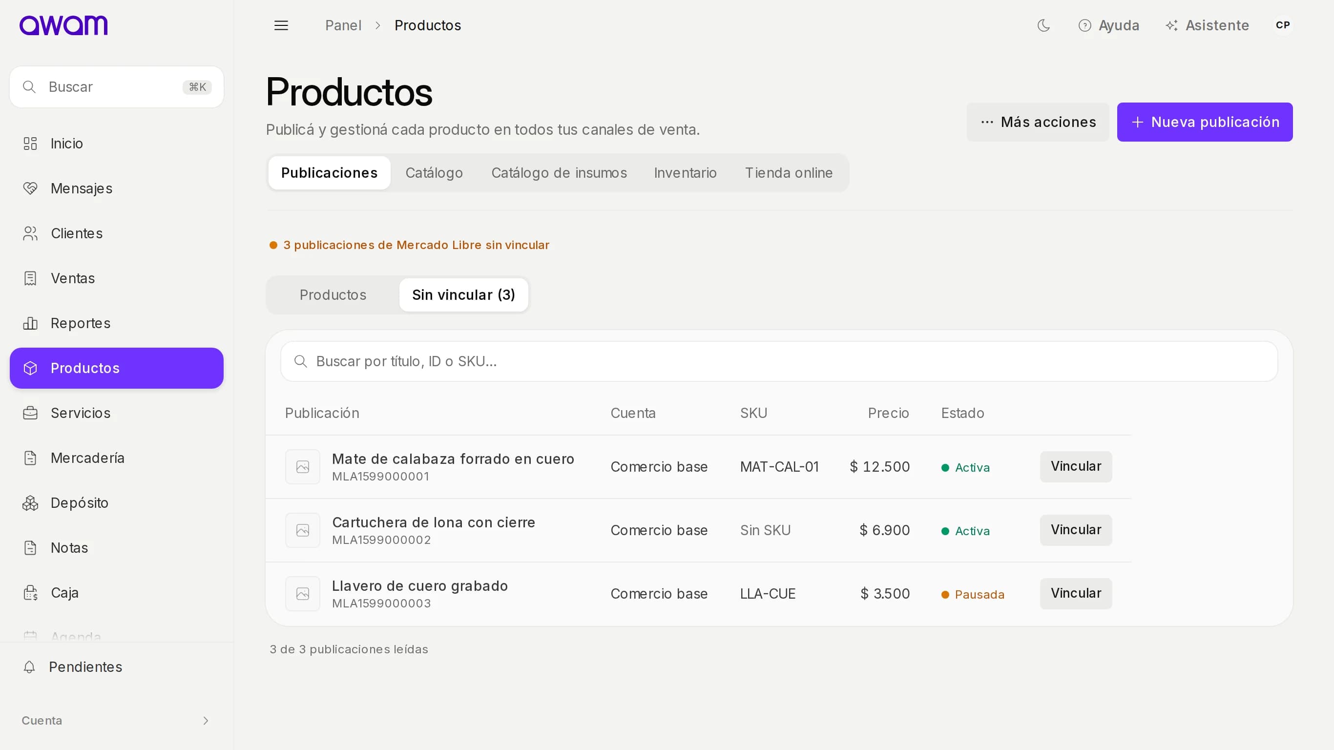 Publicaciones sin vincular con cuenta, SKU, precio y estado