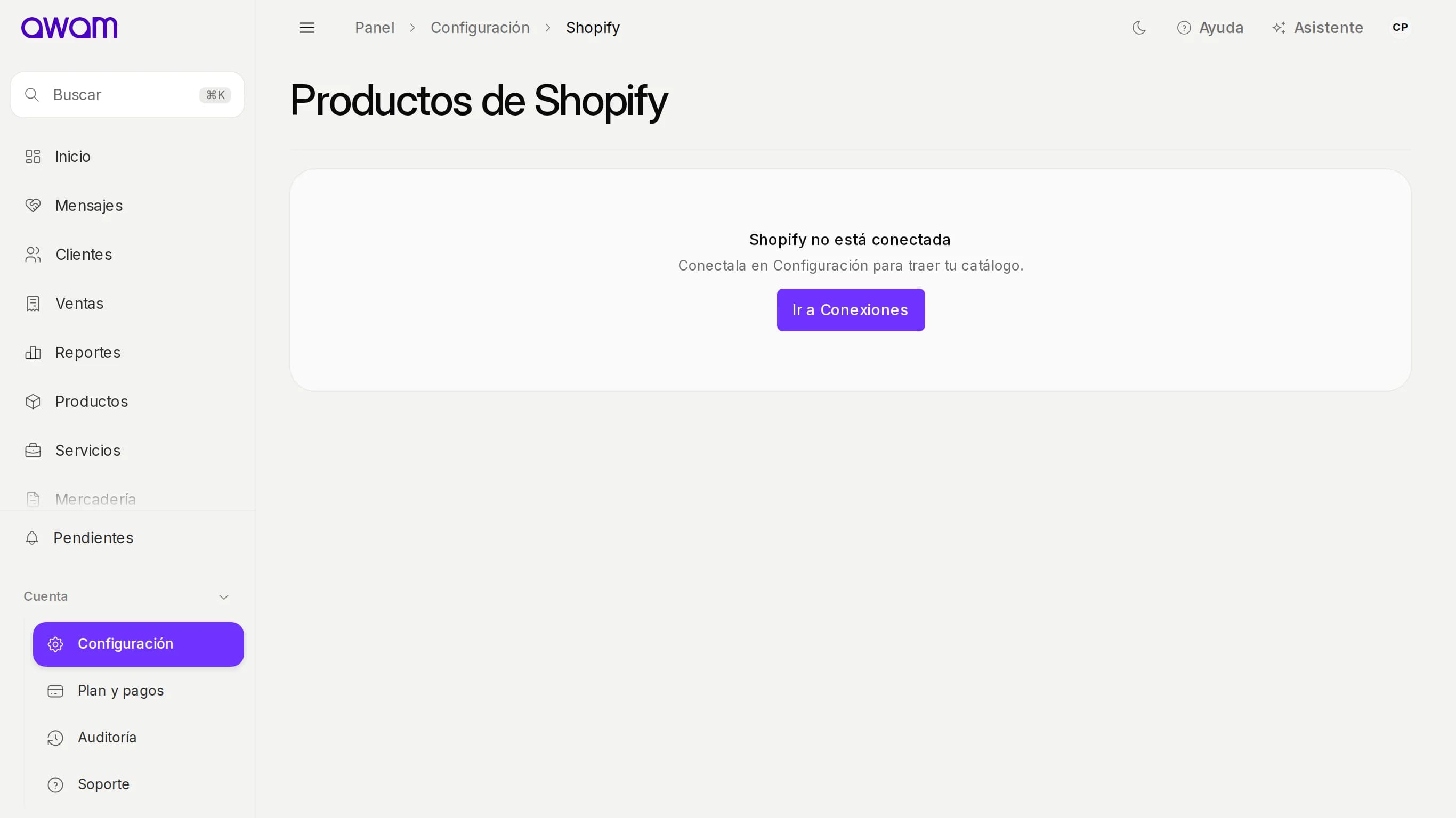 Productos de Shopify con el aviso Shopify no está conectada y el botón Ir a Conexiones