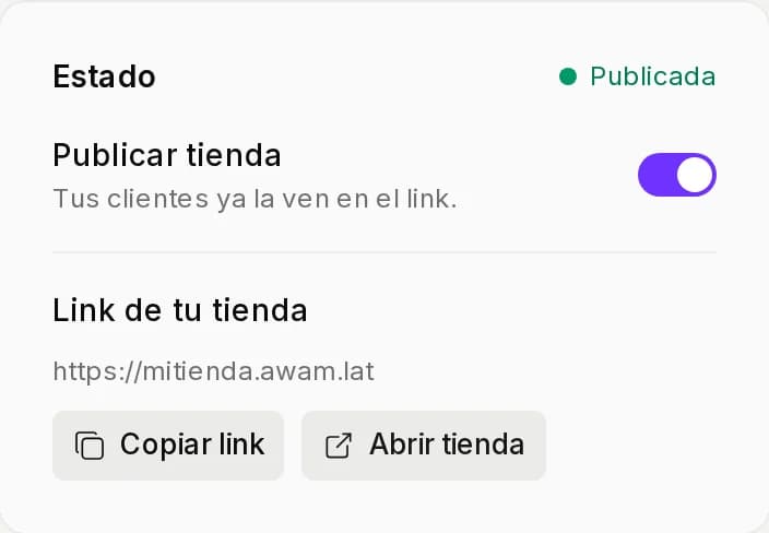 Tarjeta Estado con Publicar tienda prendido, el link de la tienda, Copiar link y Abrir tienda
