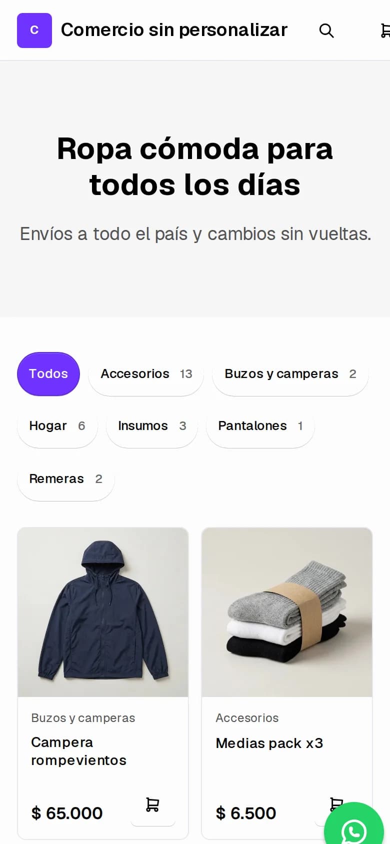 Tienda online publicada vista desde un celular