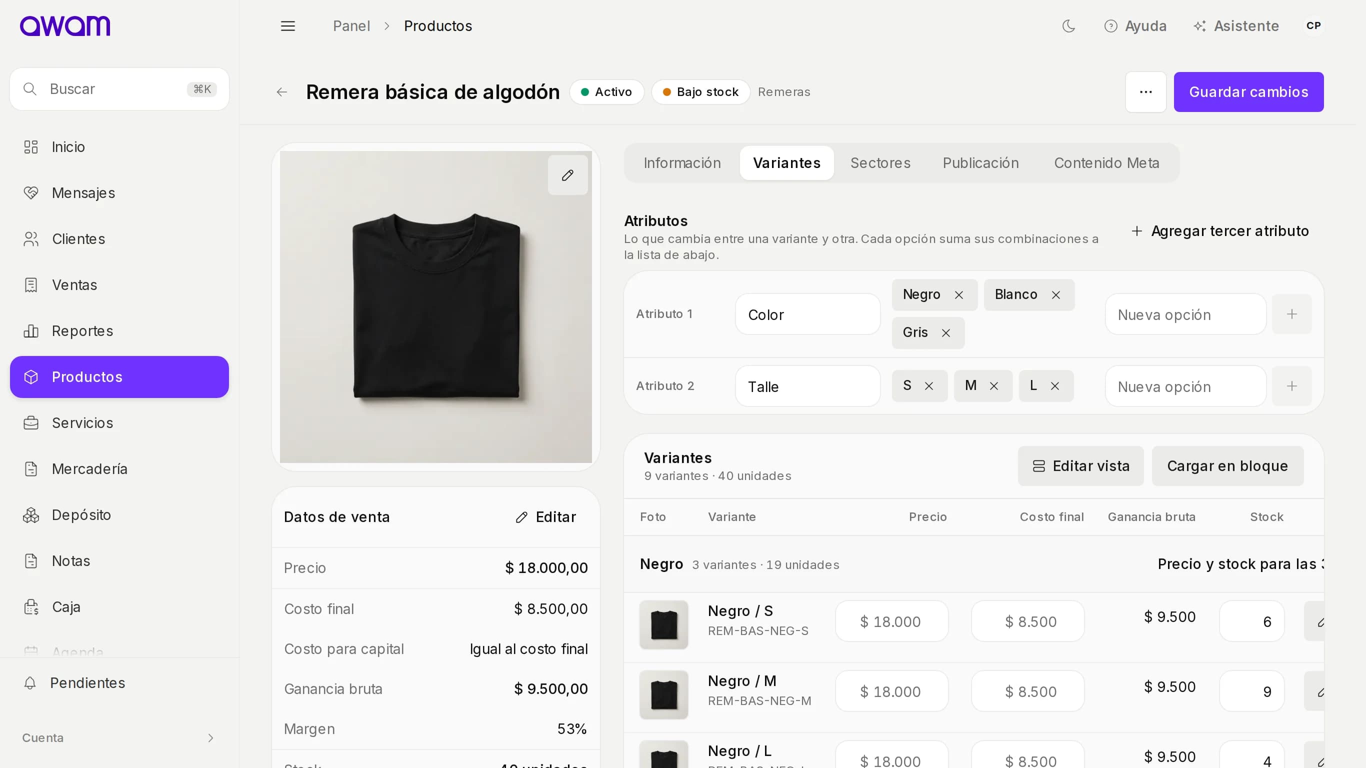 Ficha de producto con variantes por color y talle