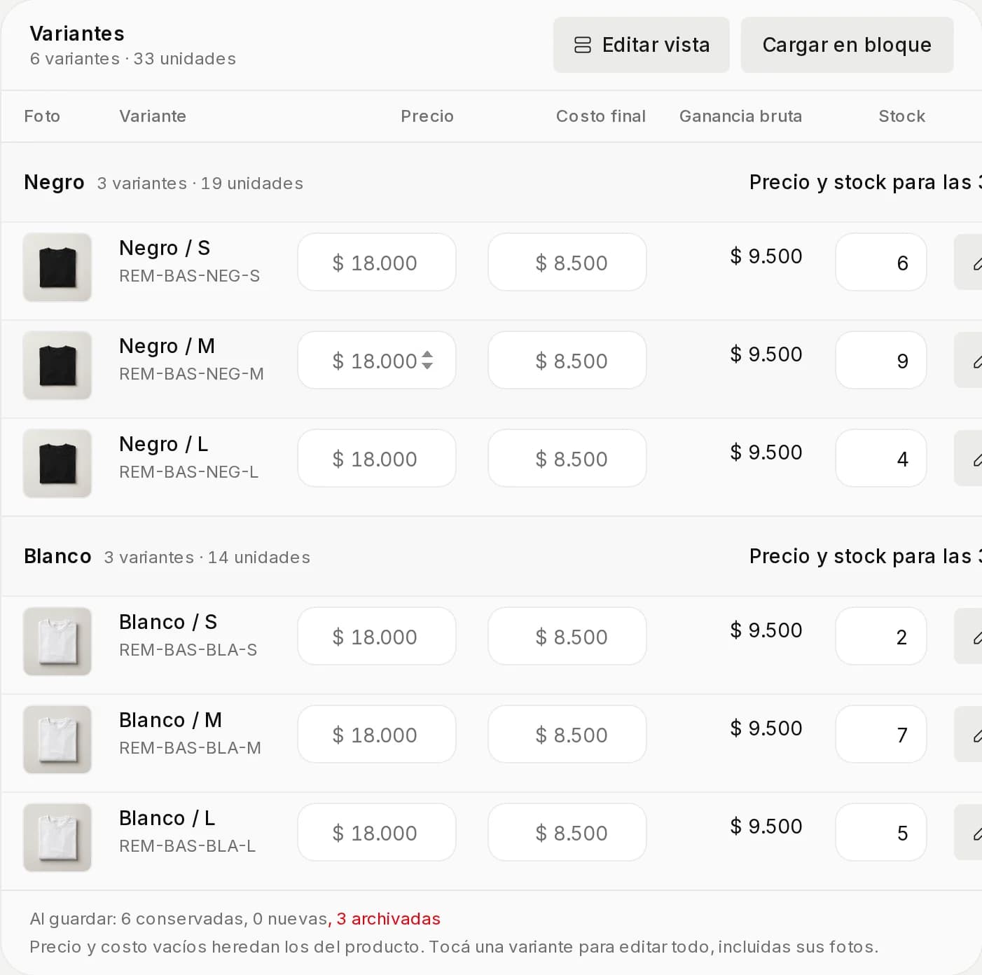 Lista de variantes sin Gris y el resumen Al guardar con 6 conservadas y 3 archivadas