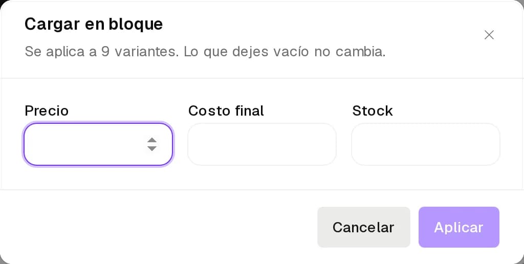 Diálogo Cargar en bloque con precio, costo final y stock para todas las variantes
