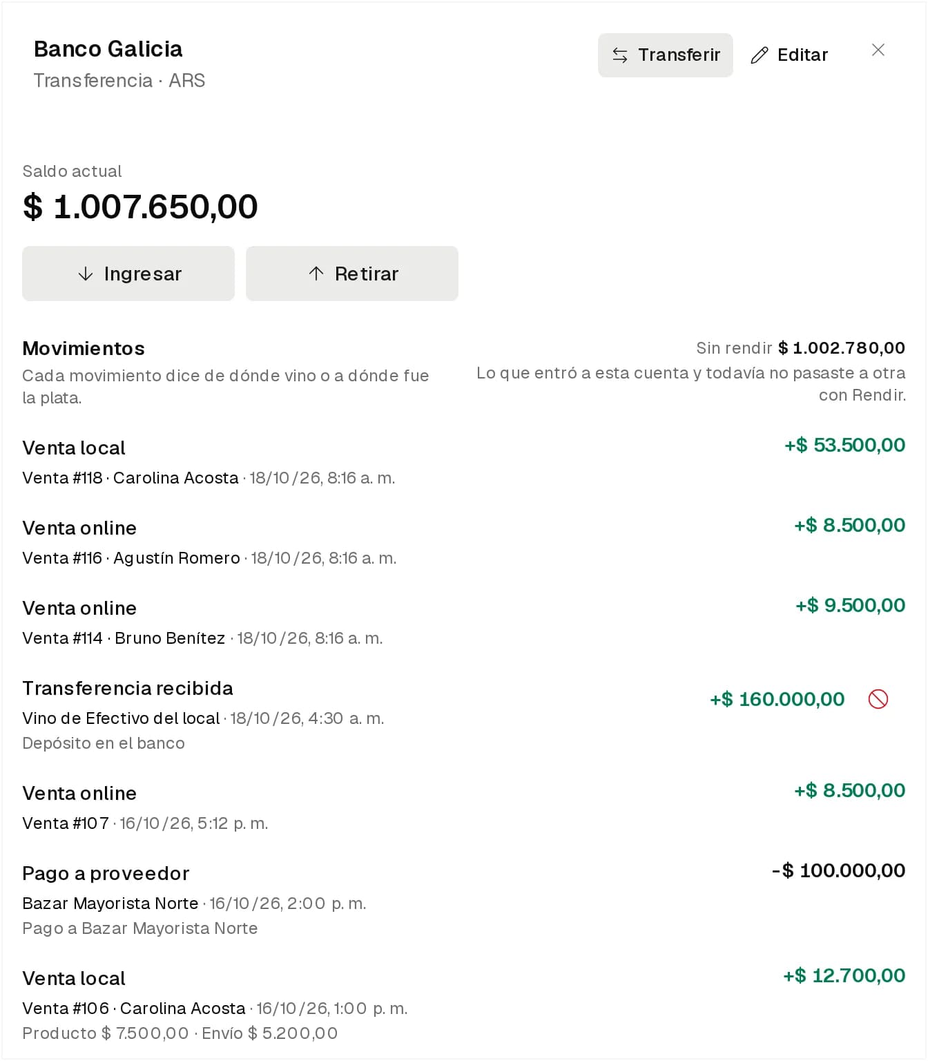 Detalle de la cuenta Banco Galicia con sus movimientos y acciones