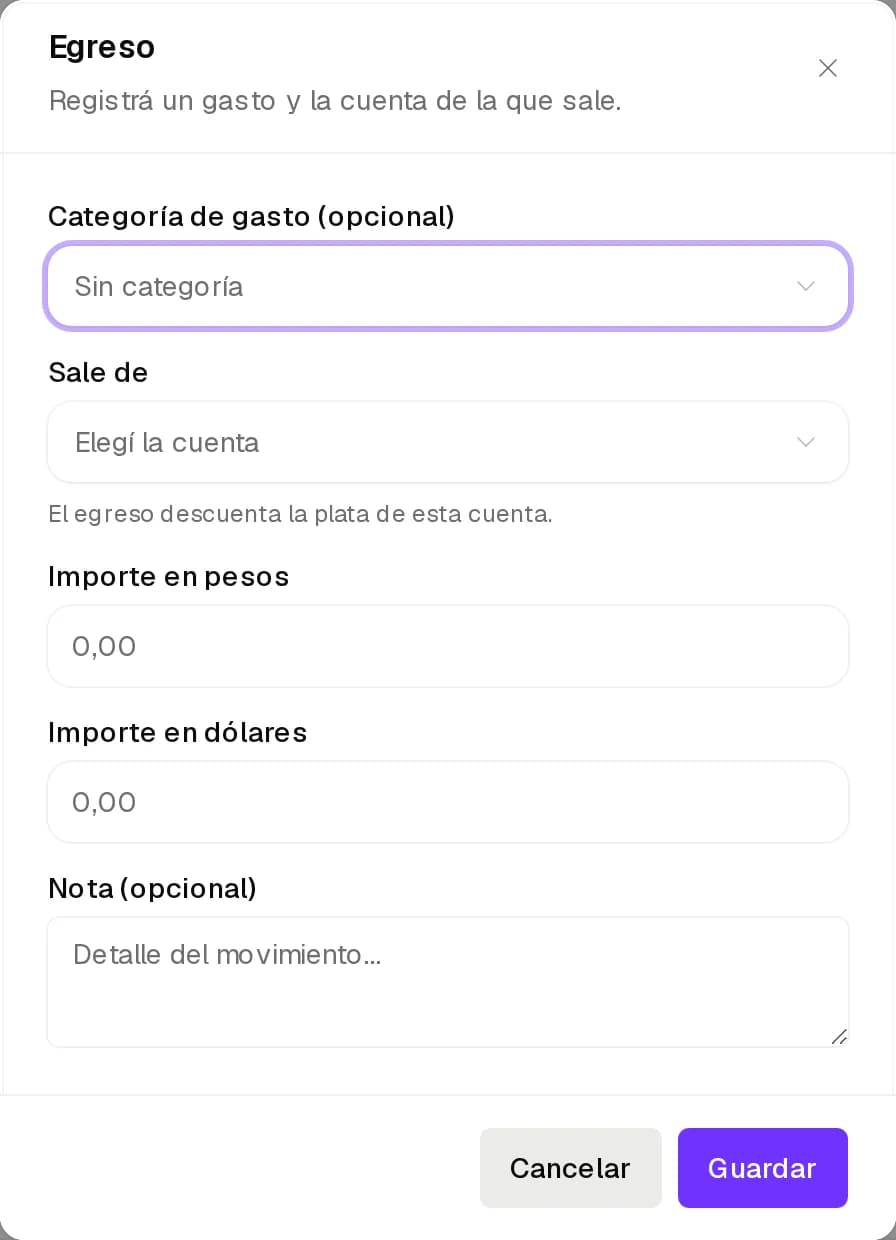 Egreso con la cuenta de la que sale, el monto, la categoría y el detalle