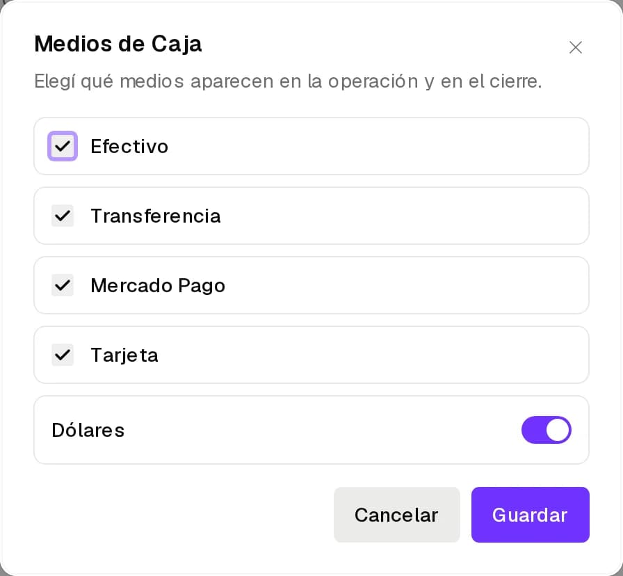 Medios de Caja con efectivo, transferencia, Mercado Pago, tarjeta y dólares