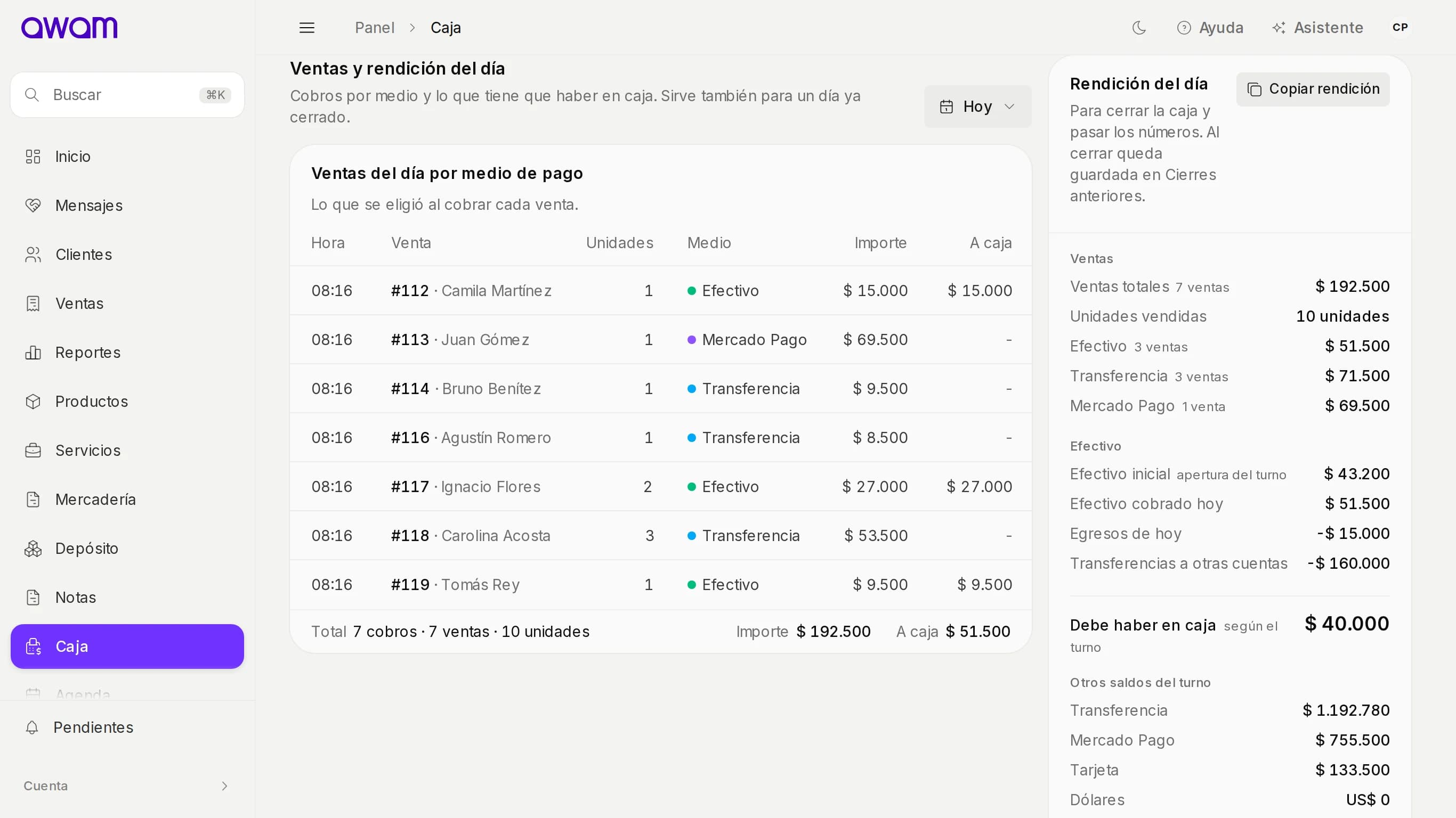 Ventas y rendición del día con cada venta, su medio y lo que entra a caja