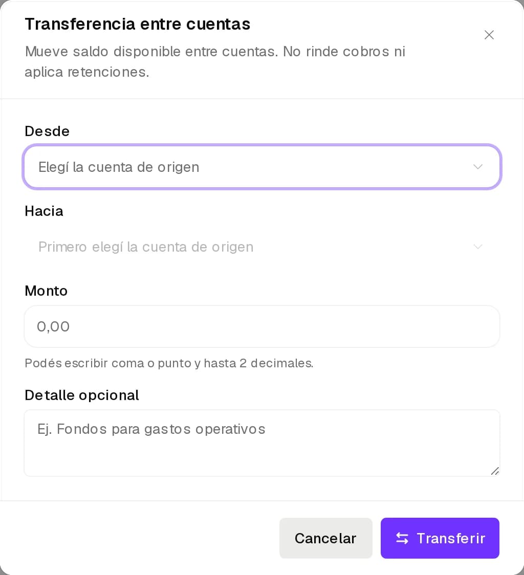 Transferencia entre cuentas con la cuenta de origen, la de destino y el monto