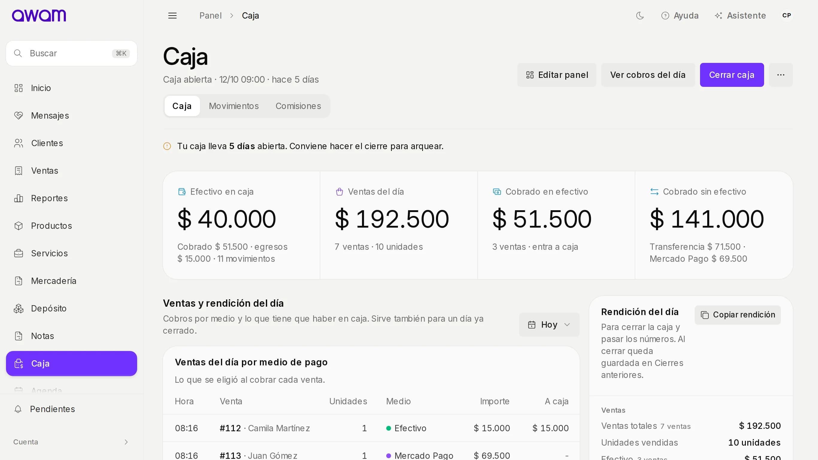 Caja de AWAM con el estado del día y los saldos por cuenta