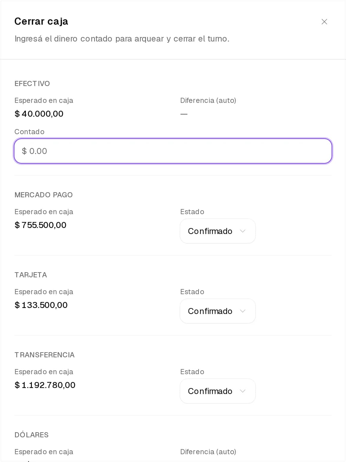 Cerrar caja con lo esperado y lo contado en efectivo, y el estado de Mercado Pago, tarjeta y transferencia