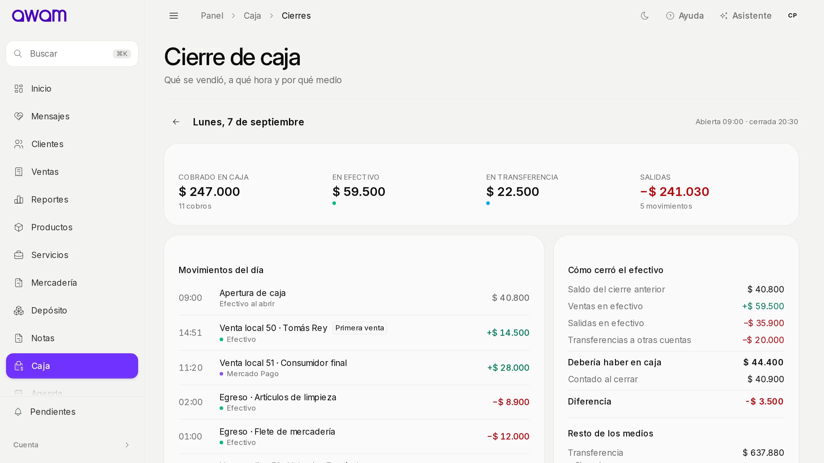 Detalle de un cierre de caja con un faltante de efectivo