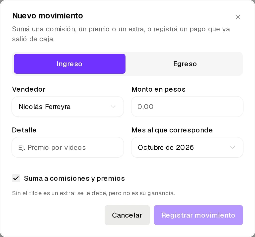 Nuevo movimiento con Ingreso o Egreso, el vendedor, el monto y el detalle