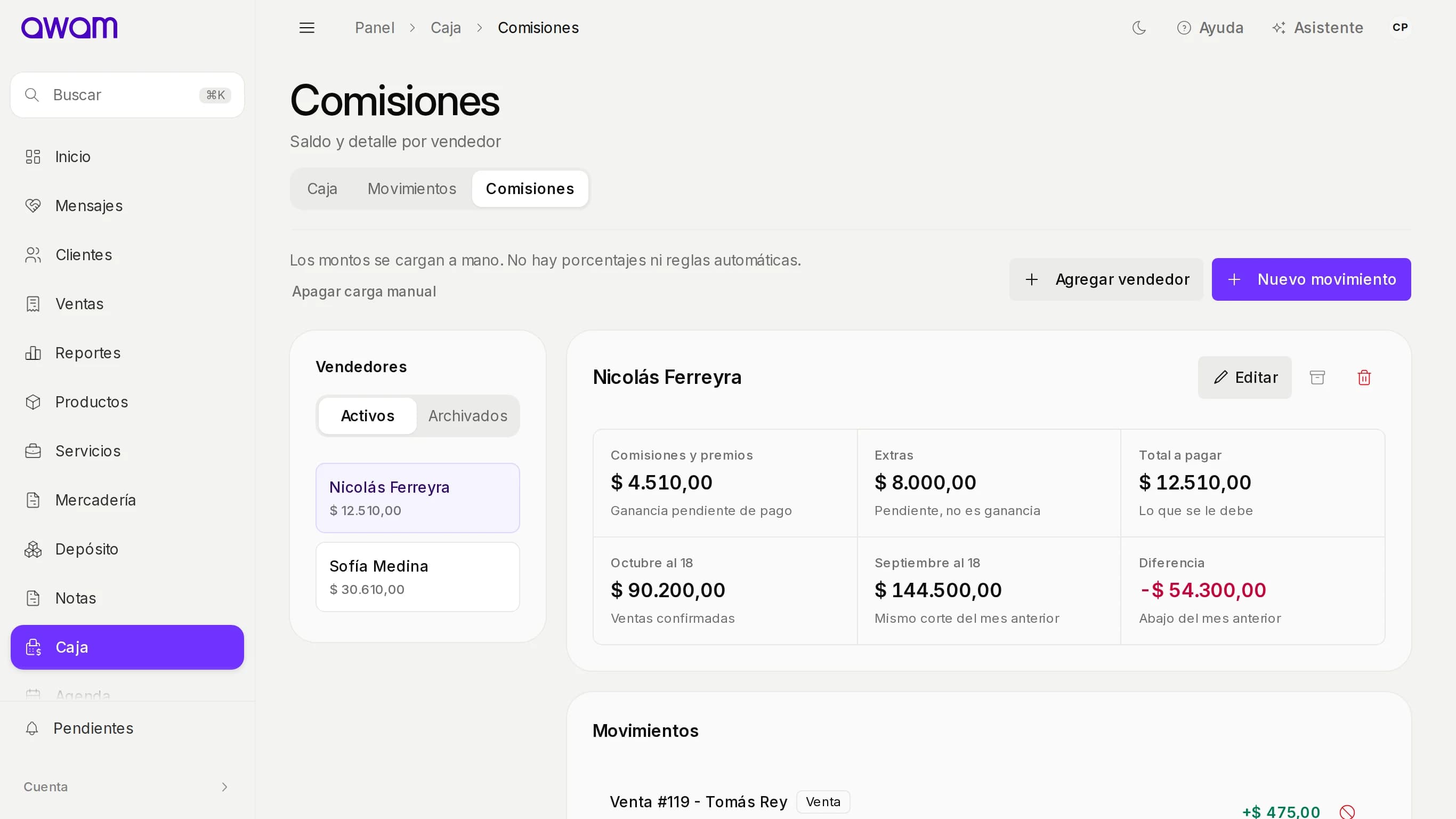 Comisiones de un vendedor con comisiones y premios, extras, total a pagar y movimientos