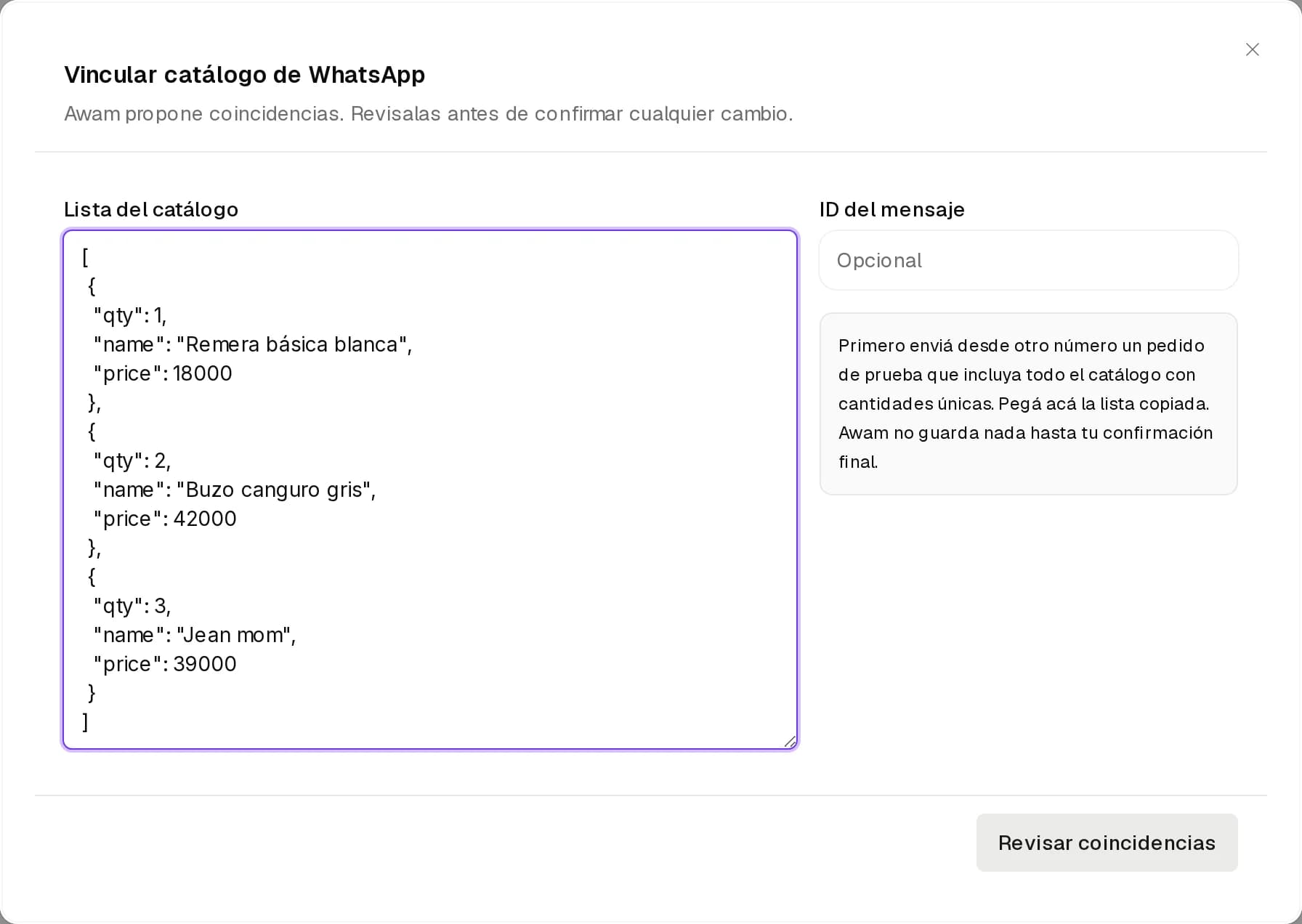 Diálogo Vincular catálogo de WhatsApp con la lista pegada