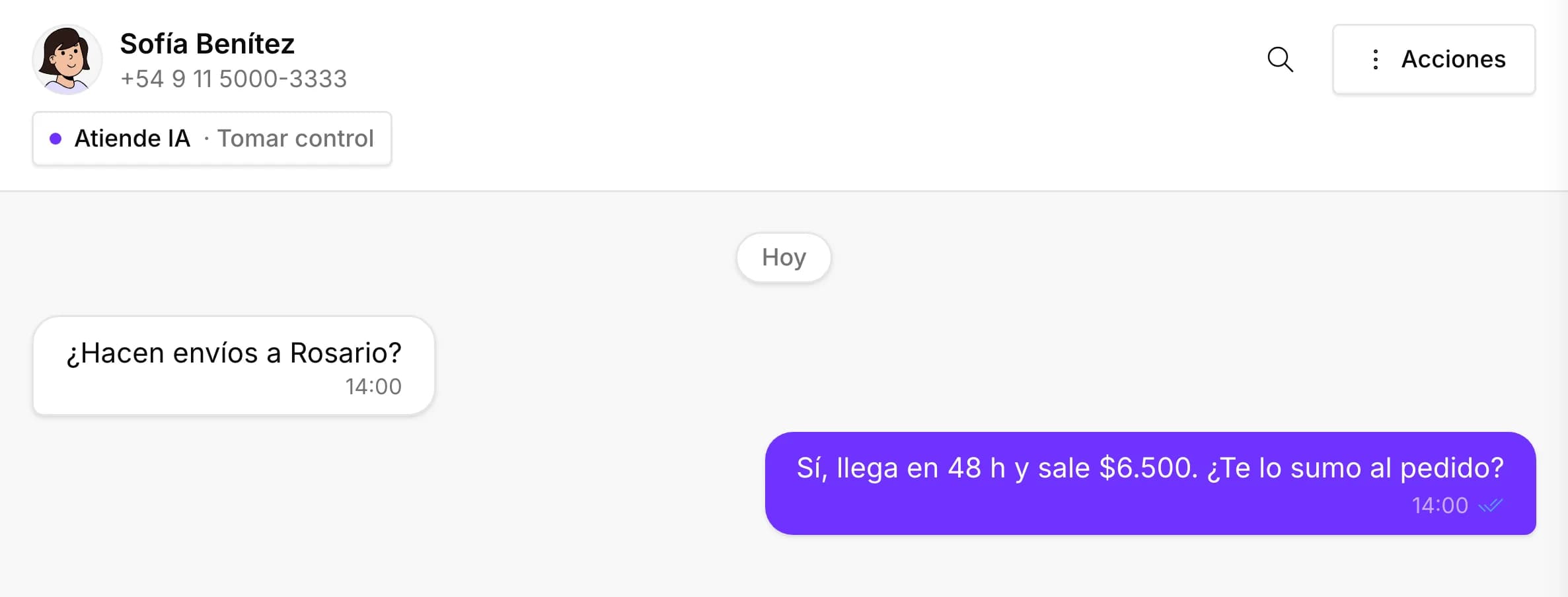Conversación en la bandeja de AWAM: un cliente pregunta si hacen envíos a Rosario y la IA le responde el costo y el plazo, y le ofrece sumarlo al pedido