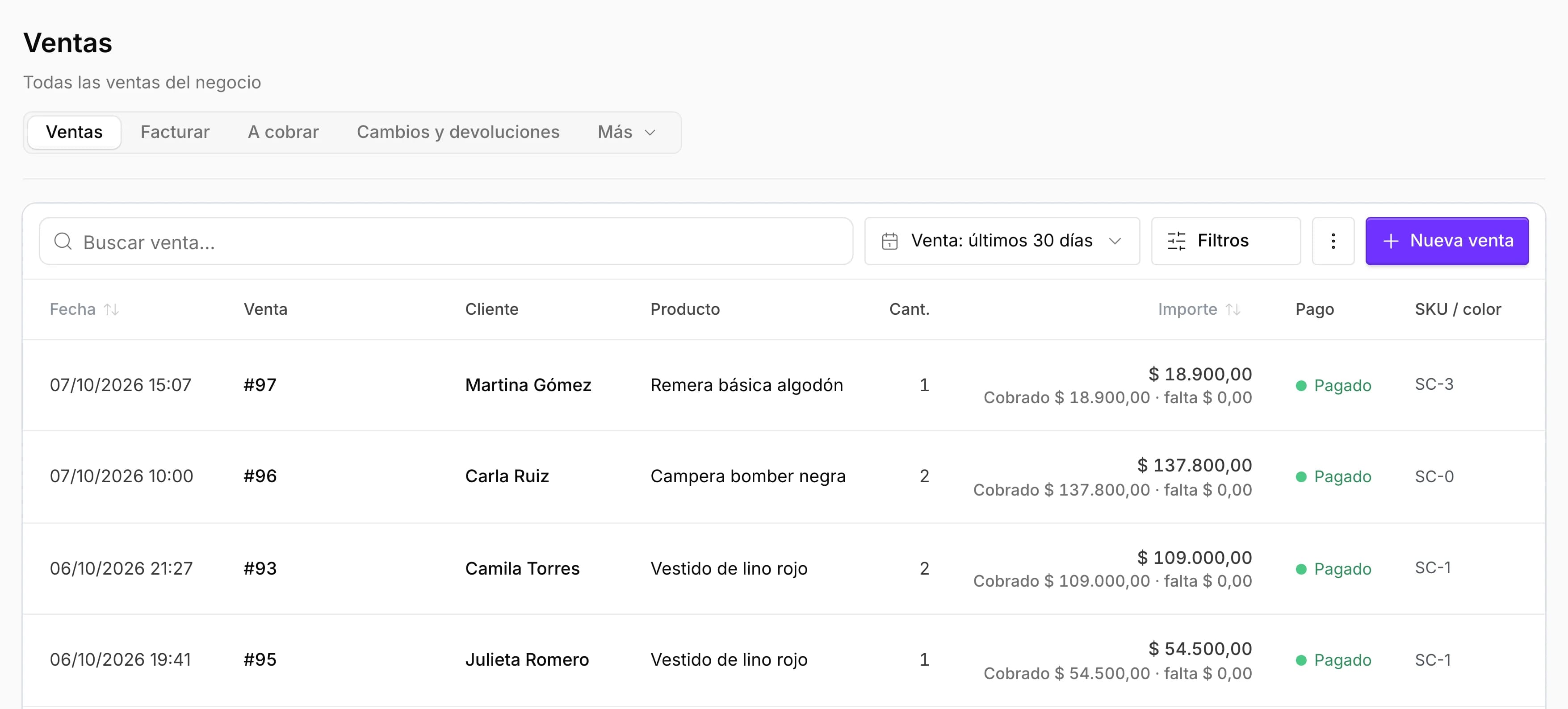 Pantalla de Ventas de AWAM: buscador, filtro por fecha y la lista de ventas con fecha, número, cliente, producto, cantidad, importe y estado del pago