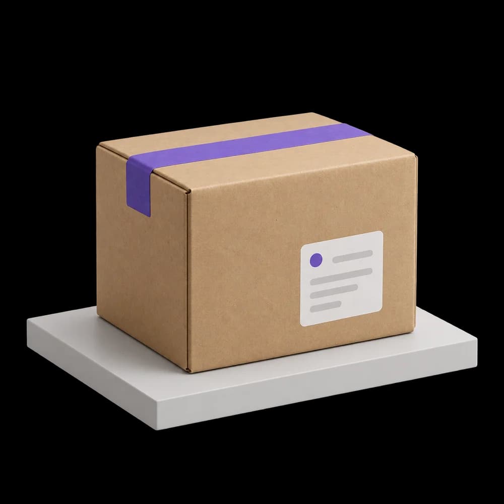 Caja de cartón con cinta violeta y etiqueta de envío, lista para salir